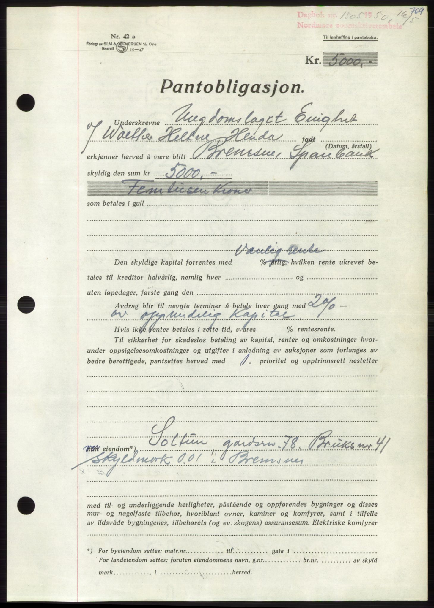 Nordmøre sorenskriveri, SAT/A-4132/1/2/2Ca: Pantebok nr. B104, 1950-1950, Dagboknr: 1505/1950