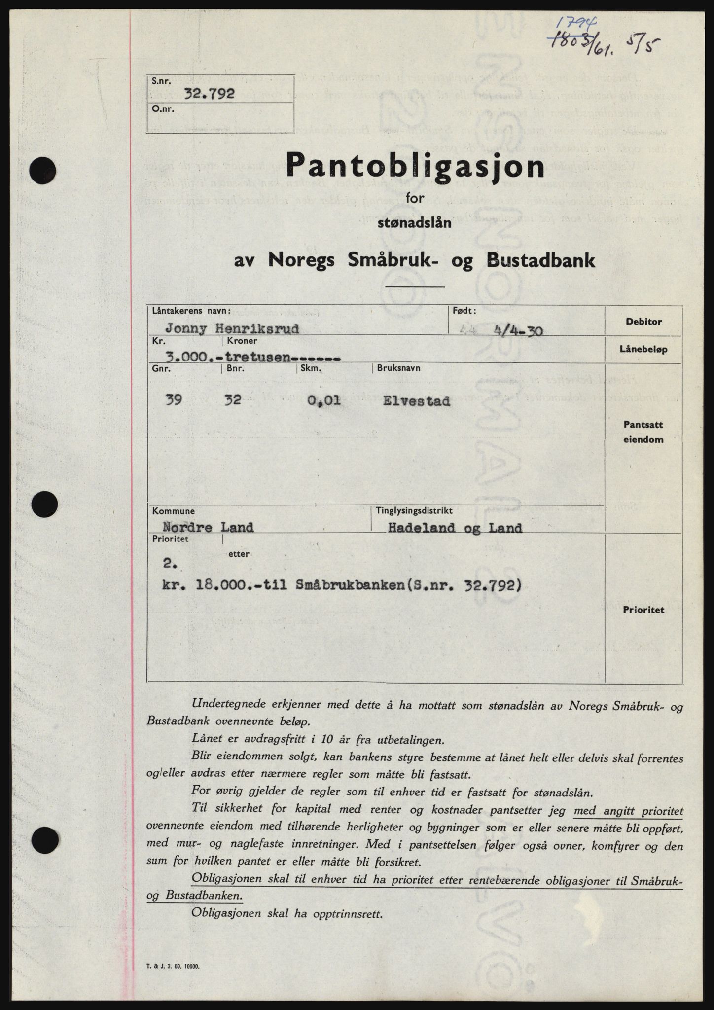 Hadeland og Land tingrett, SAH/TING-010/H/Hb/Hbc/L0045: Pantebok nr. B45, 1961-1961, Dagboknr: 1794/1961