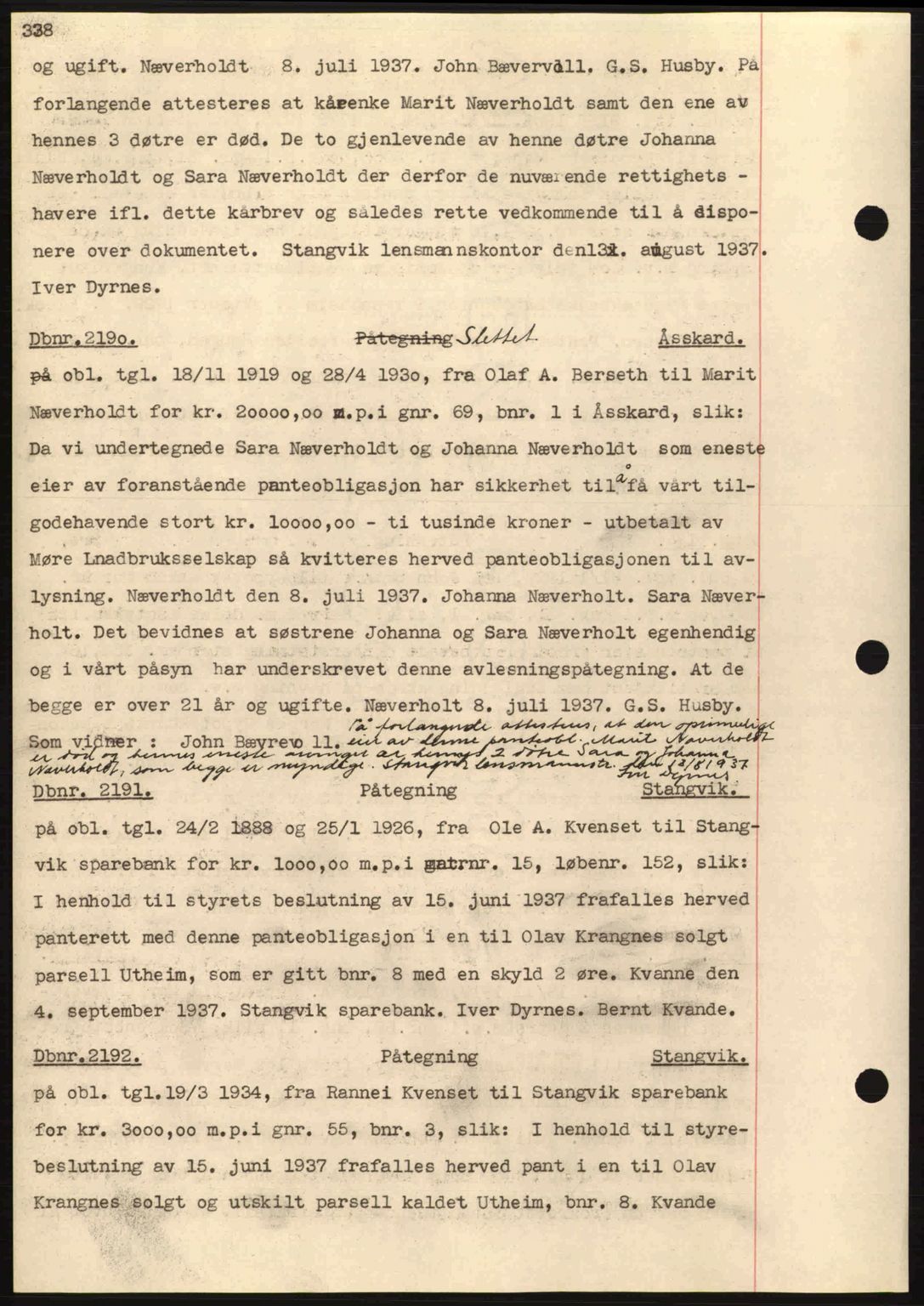Nordmøre sorenskriveri, SAT/A-4132/1/2/2Ca: Pantebok nr. C80, 1936-1939, Dagboknr: 2190/1937