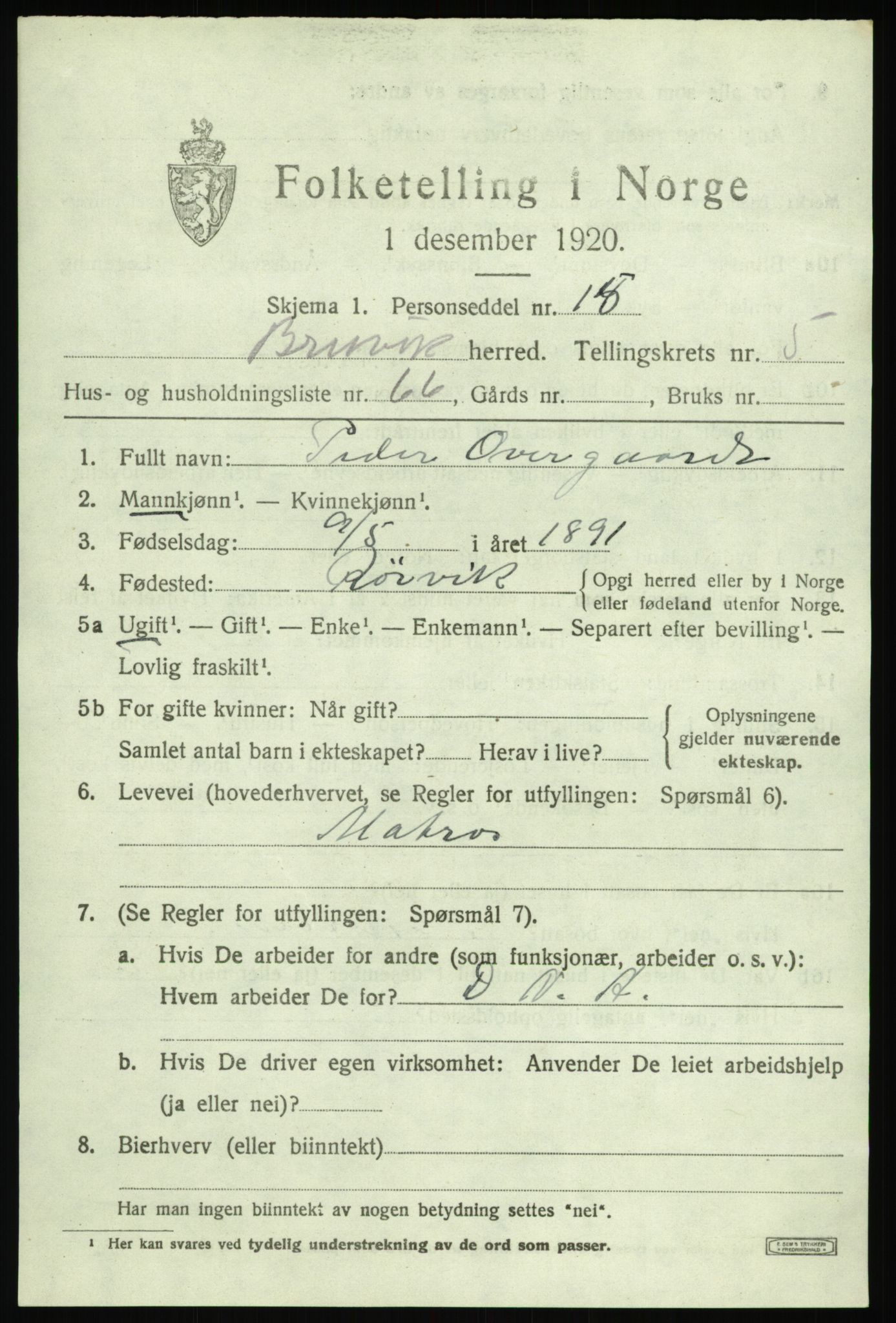 SAB, Folketelling 1920 for 1251 Bruvik herred, 1920, s. 3828