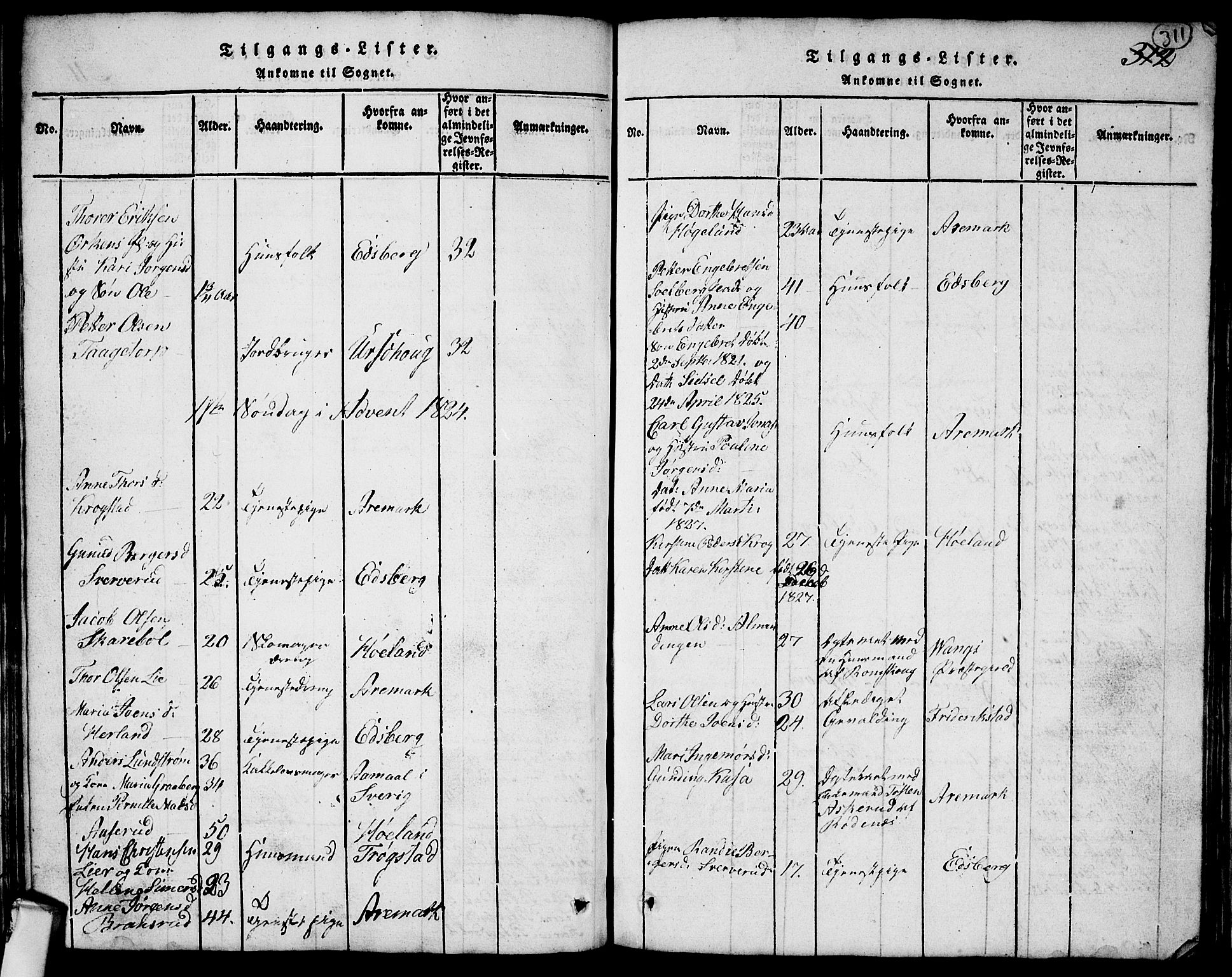 Rødenes prestekontor Kirkebøker, SAO/A-2005/G/Ga/L0001: Klokkerbok nr.  I 1, 1814-1841, s. 311