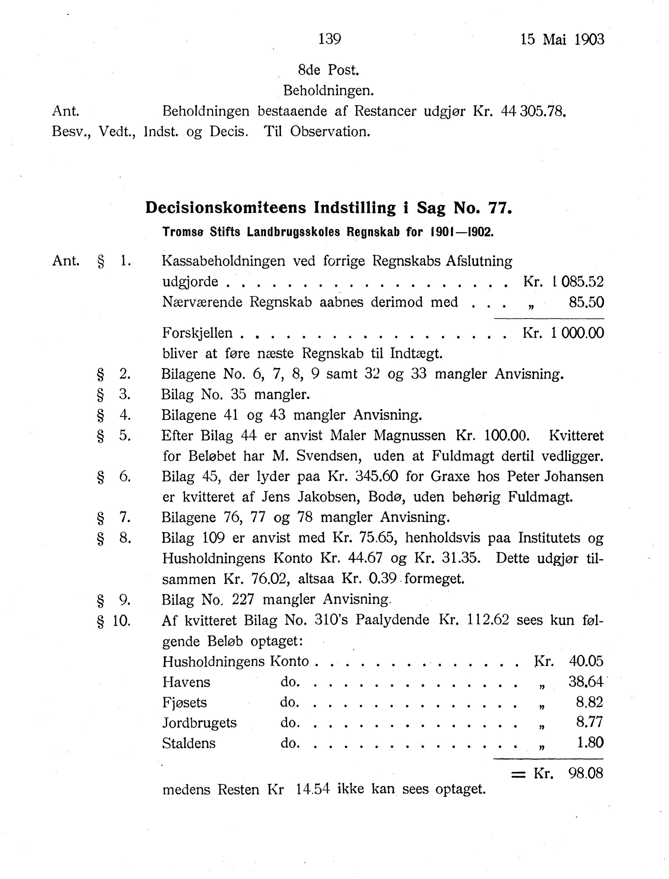 Nordland Fylkeskommune. Fylkestinget, AIN/NFK-17/176/A/Ac/L0026: Fylkestingsforhandlinger 1903, 1903