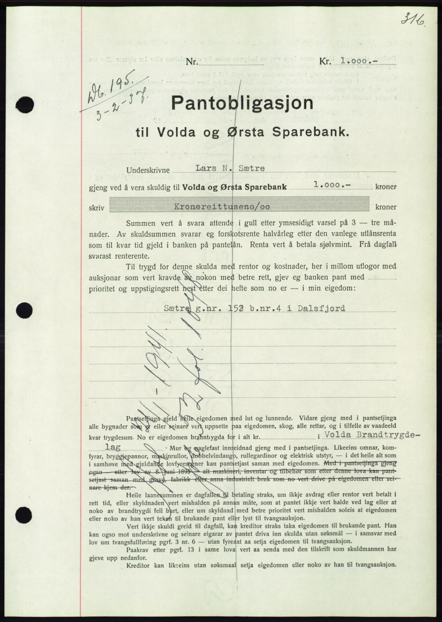 Søre Sunnmøre sorenskriveri, SAT/A-4122/1/2/2C/L0062: Pantebok nr. 56, 1936-1937, Dagboknr: 195/1937