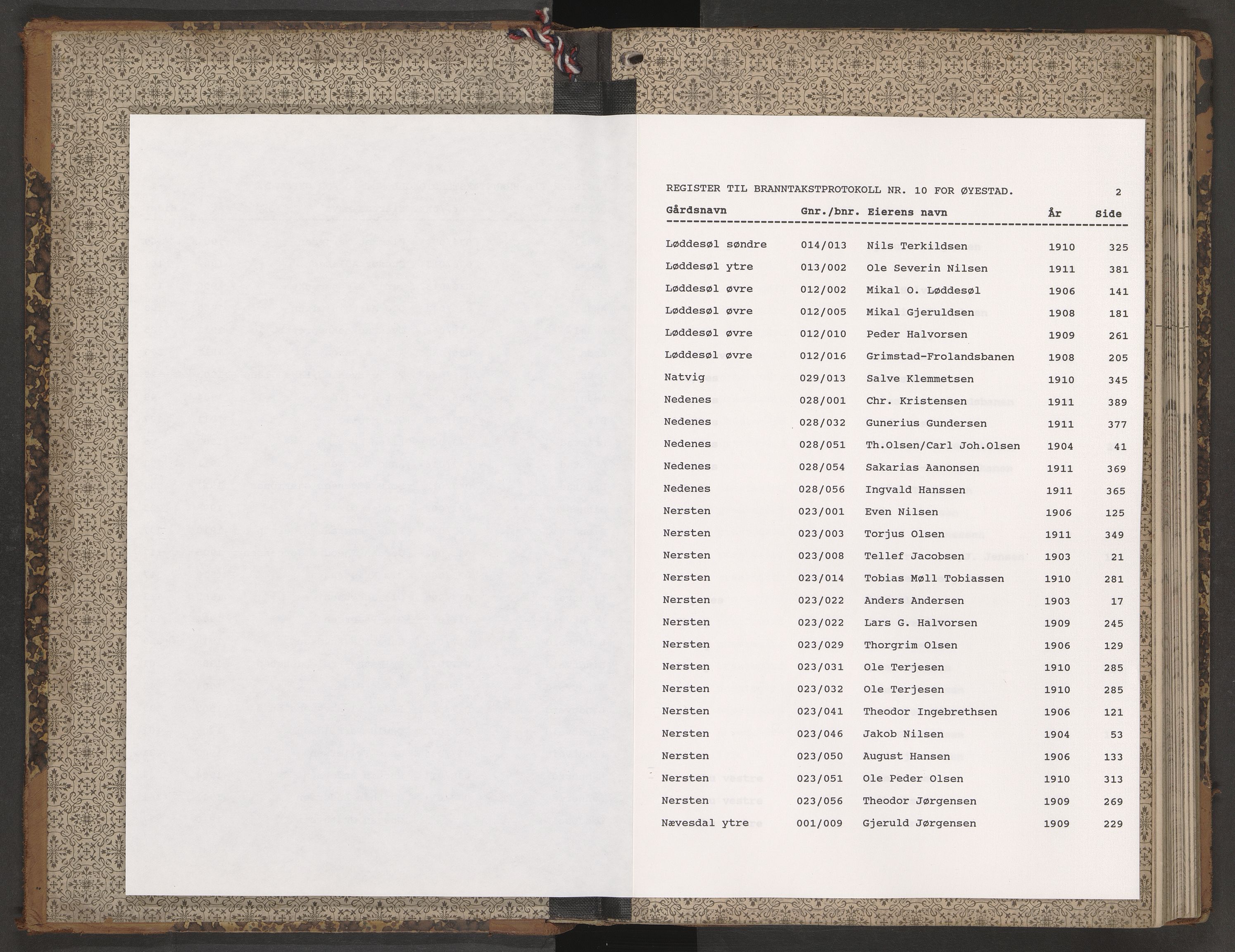 Norges Brannkasse Øyestad, AV/SAK-2241-0059/F/Fa/L0010: Branntakstprotokoll nr. 10 med gårdsnavnregister, 1903-1911