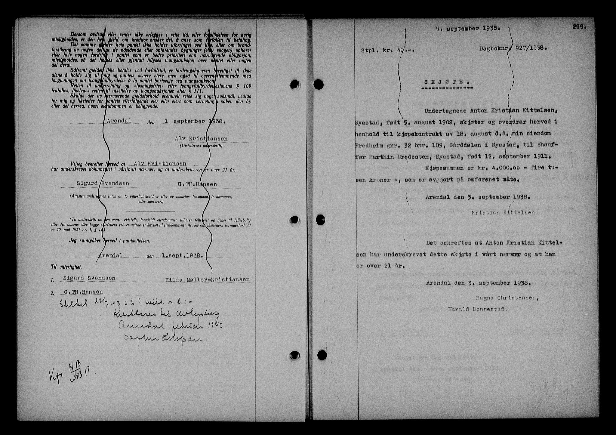 Nedenes sorenskriveri, AV/SAK-1221-0006/G/Gb/Gba/L0045: Pantebok nr. 41, 1938-1938, Dagboknr: 927/1938