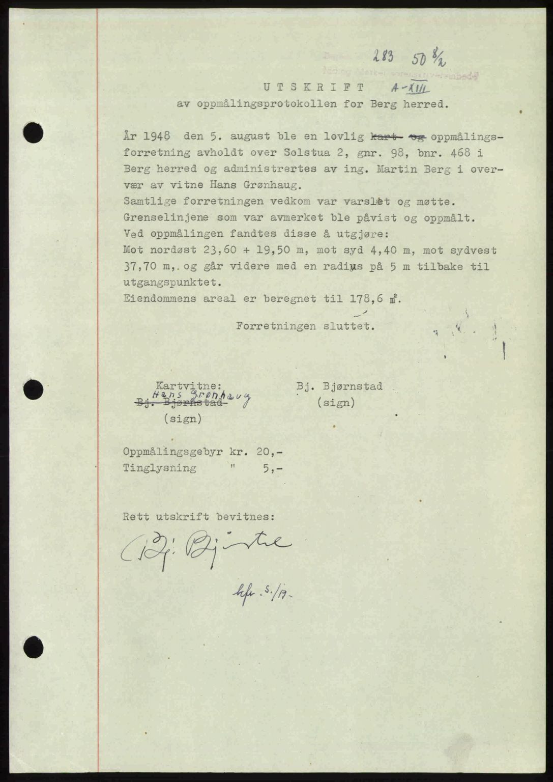 Idd og Marker sorenskriveri, SAO/A-10283/G/Gb/Gbb/L0013: Pantebok nr. A13, 1949-1950, Dagboknr: 283/1950