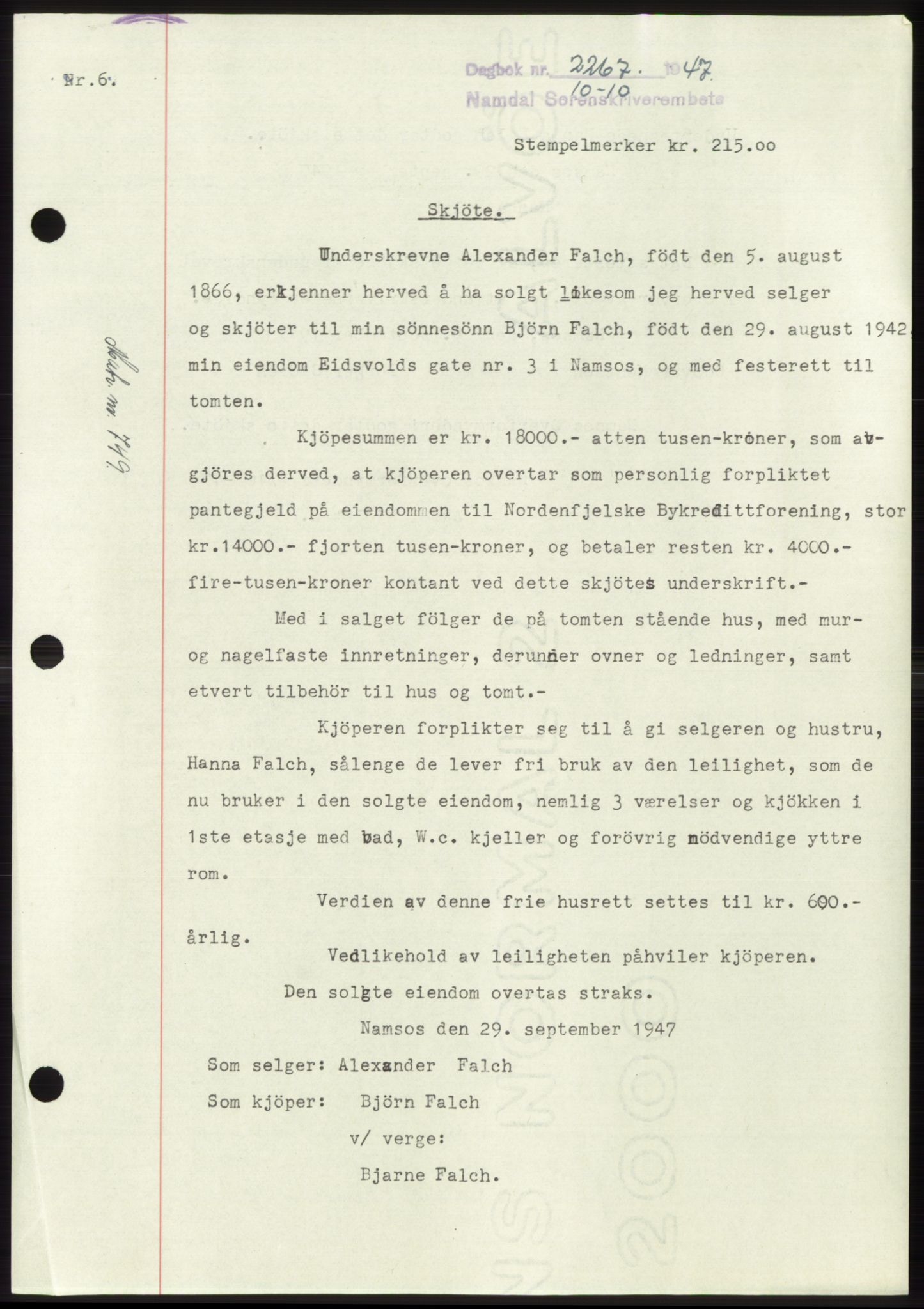 Namdal sorenskriveri, SAT/A-4133/1/2/2C: Pantebok nr. -, 1947-1947, Dagboknr: 2267/1947