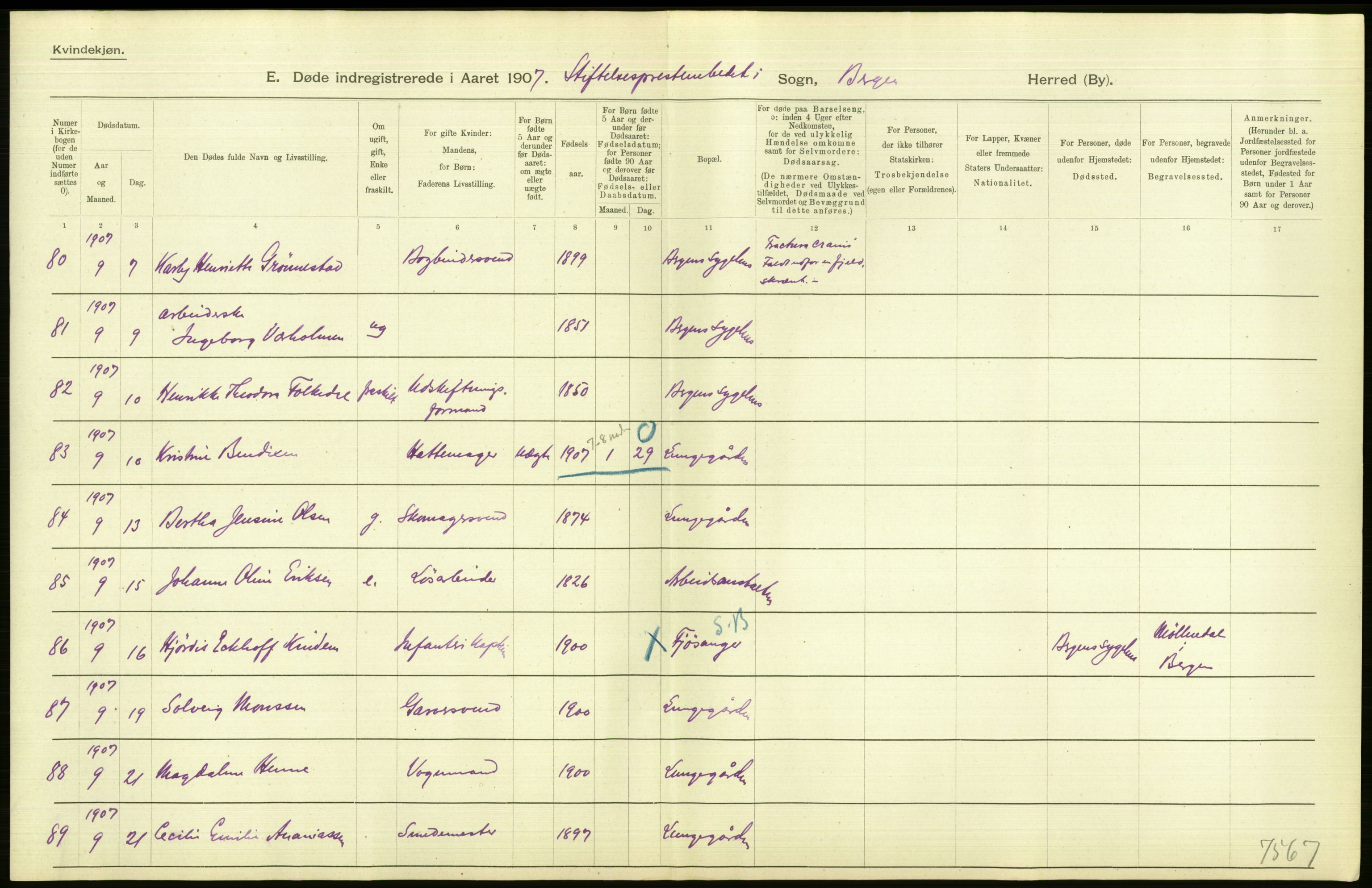Statistisk sentralbyrå, Sosiodemografiske emner, Befolkning, AV/RA-S-2228/D/Df/Dfa/Dfae/L0031: Bergen: gifte, døde, dødfødte., 1907, s. 190