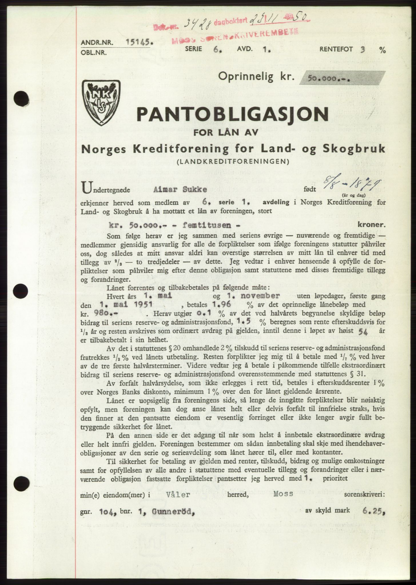 Moss sorenskriveri, SAO/A-10168: Pantebok nr. B25, 1950-1950, Dagboknr: 3428/1950