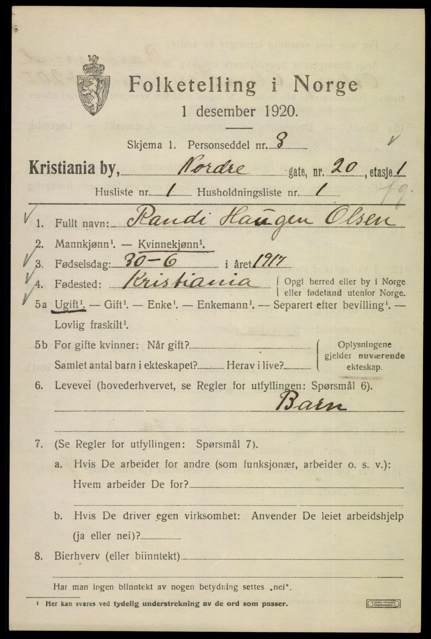 SAO, Folketelling 1920 for 0301 Kristiania kjøpstad, 1920, s. 425427