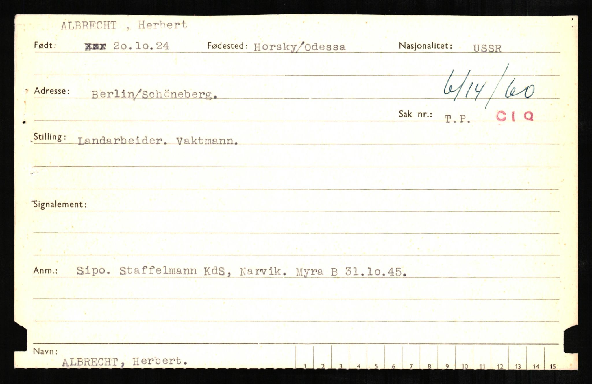 Forsvaret, Forsvarets overkommando II, AV/RA-RAFA-3915/D/Db/L0001: CI Questionaires. Tyske okkupasjonsstyrker i Norge. Tyskere., 1945-1946, s. 133