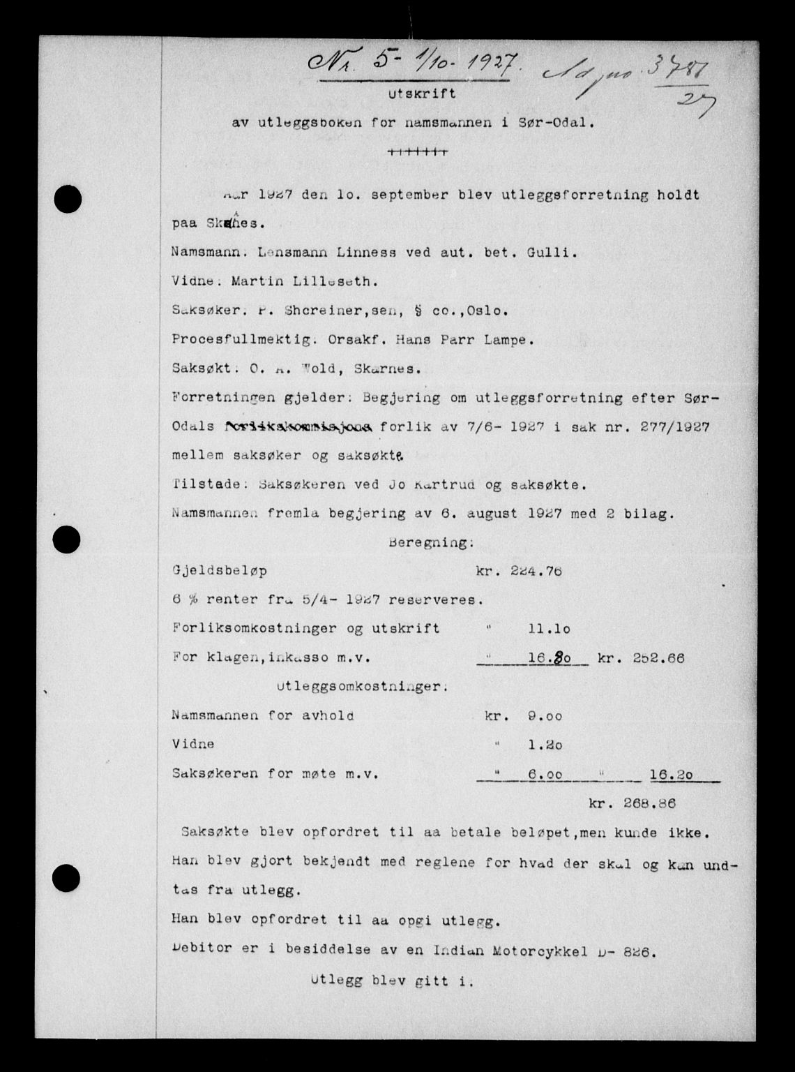 Vinger og Odal sorenskriveri, SAH/TING-022/H/Hb/Hbb/L0022: Pantebok nr. I, 1926-1927, Tingl.dato: 01.10.1927
