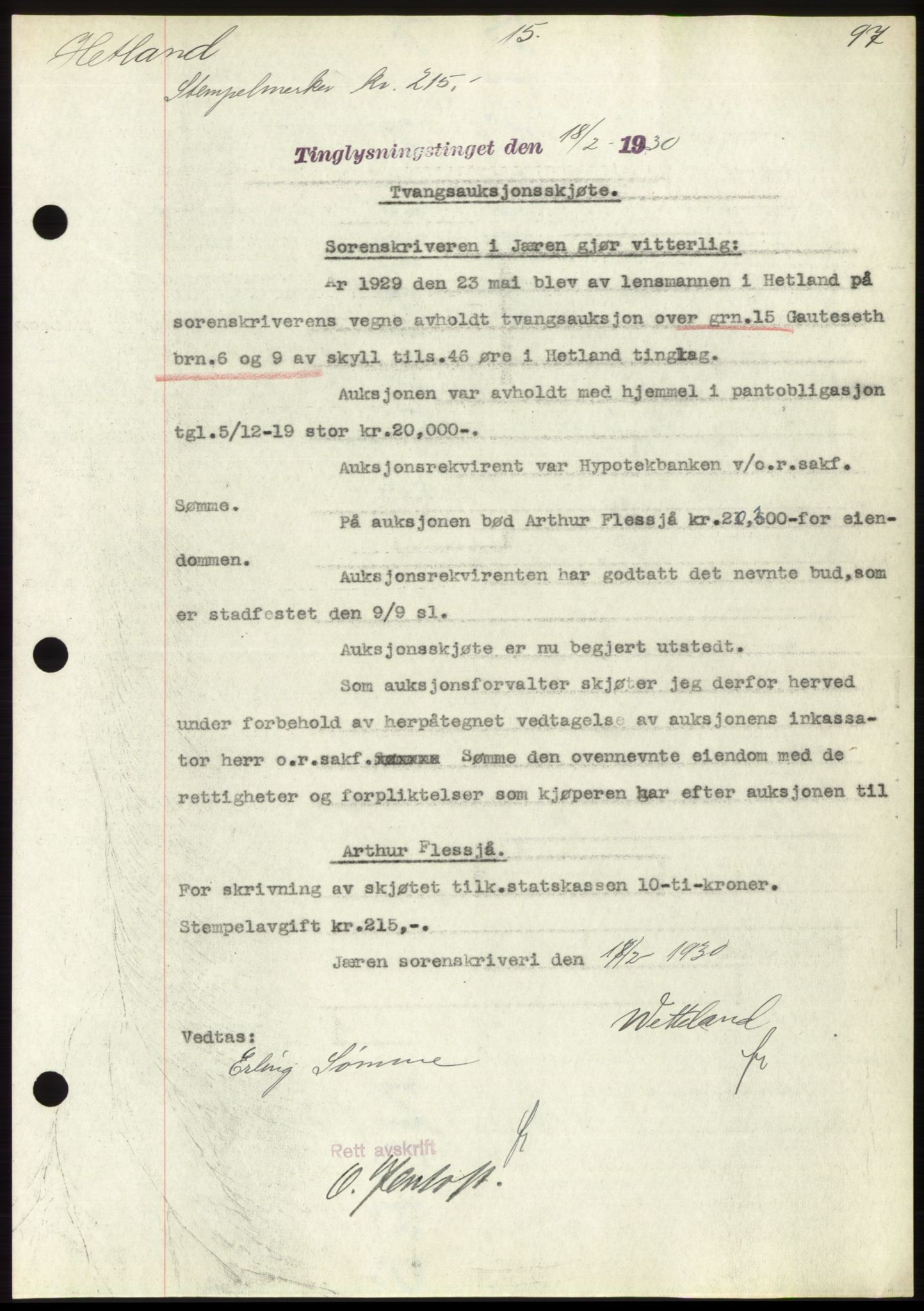 Jæren sorenskriveri, SAST/A-100310/03/G/Gba/L0057: Pantebok nr. 52, 1930-1930, Tingl.dato: 18.02.1930