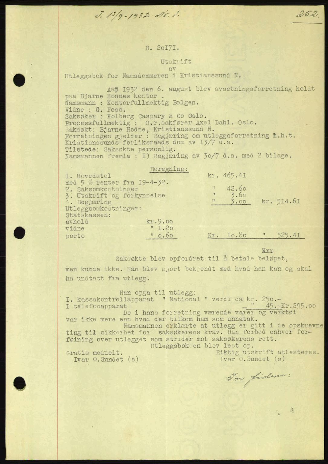 Kristiansund byfogd, AV/SAT-A-4587/A/27: Pantebok nr. 26, 1931-1933, Tingl.dato: 13.09.1932