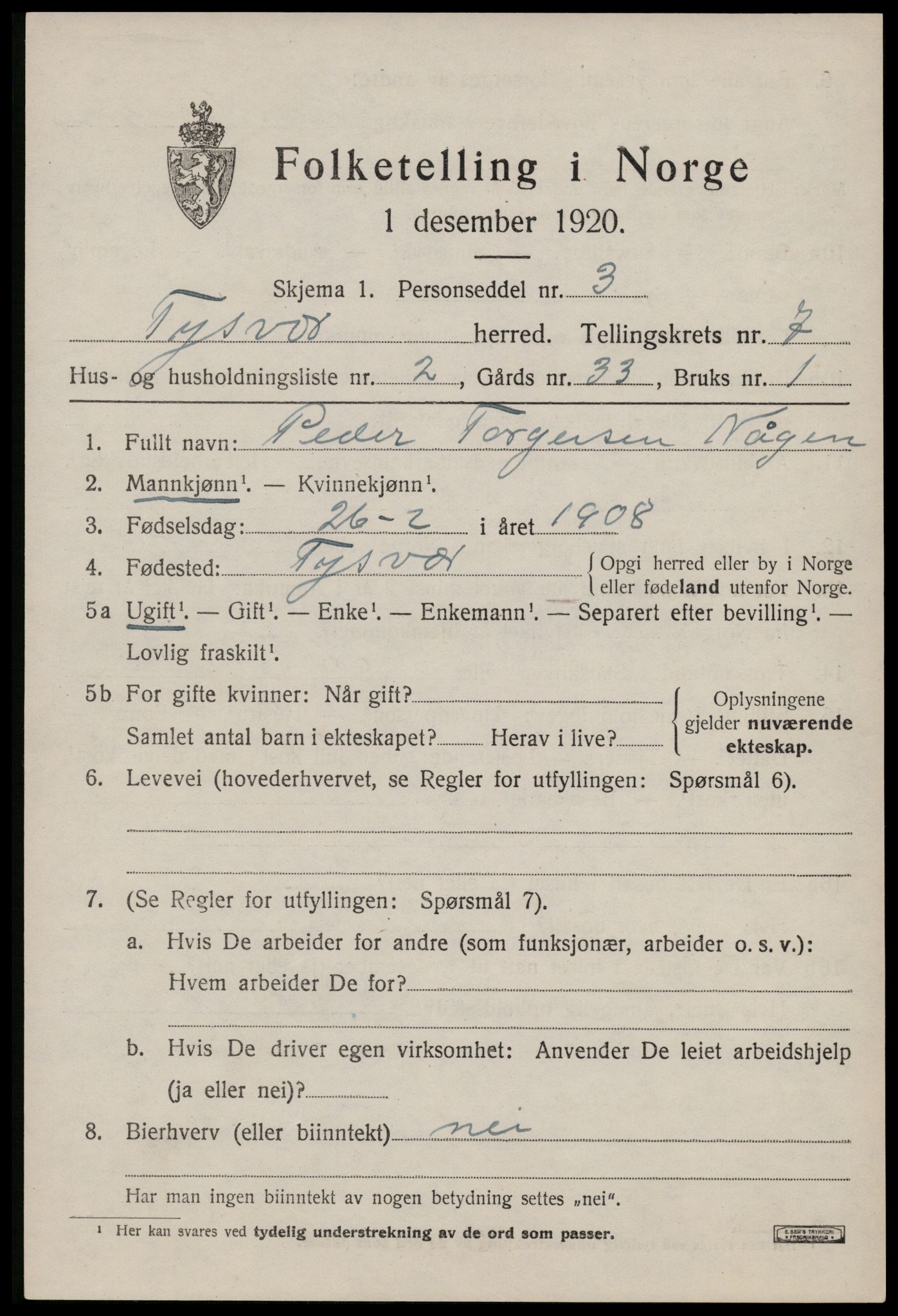 SAST, Folketelling 1920 for 1146 Tysvær herred, 1920, s. 2442