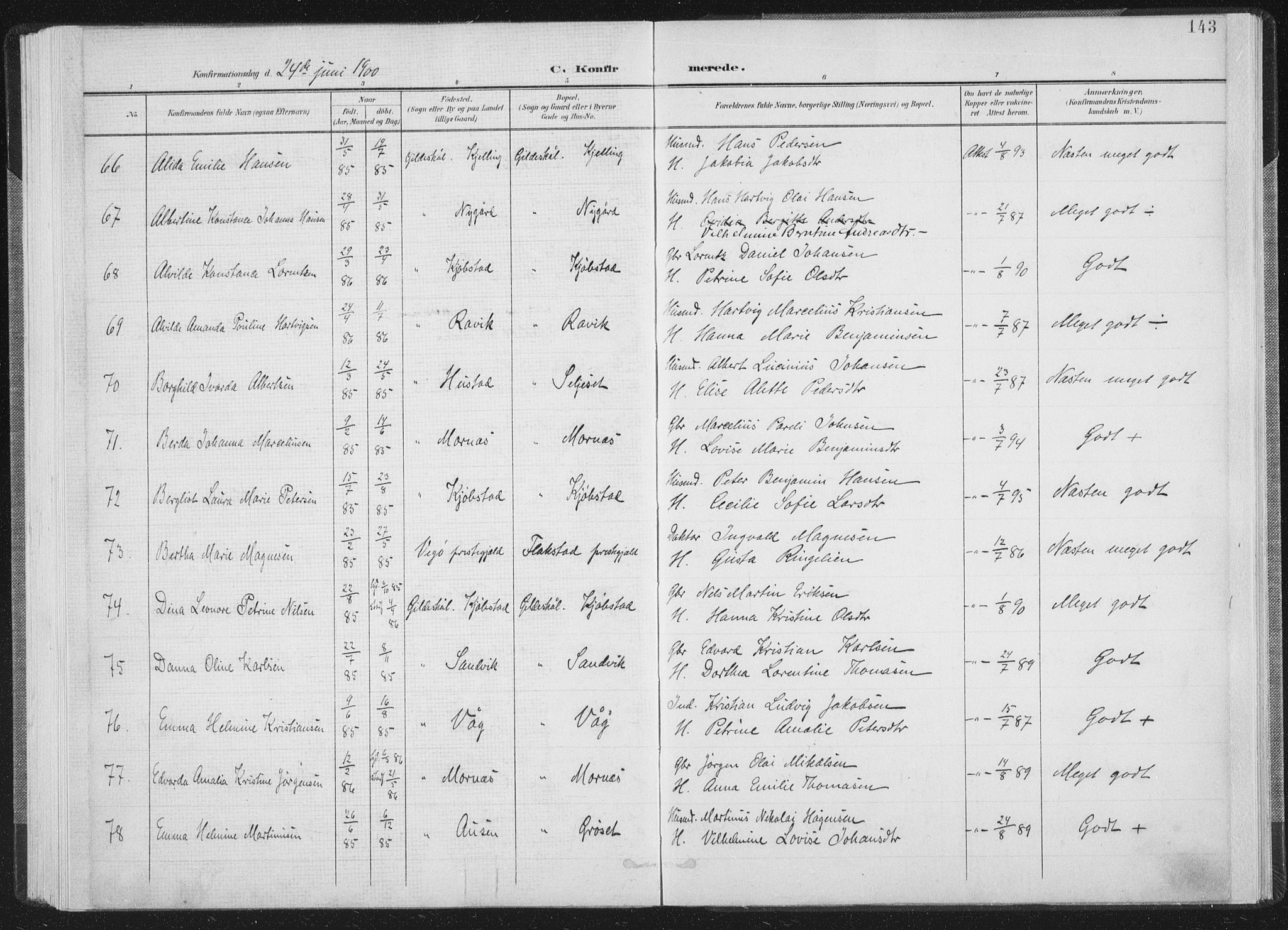 Ministerialprotokoller, klokkerbøker og fødselsregistre - Nordland, AV/SAT-A-1459/805/L0102: Ministerialbok nr. 805A08I, 1900-1909, s. 143