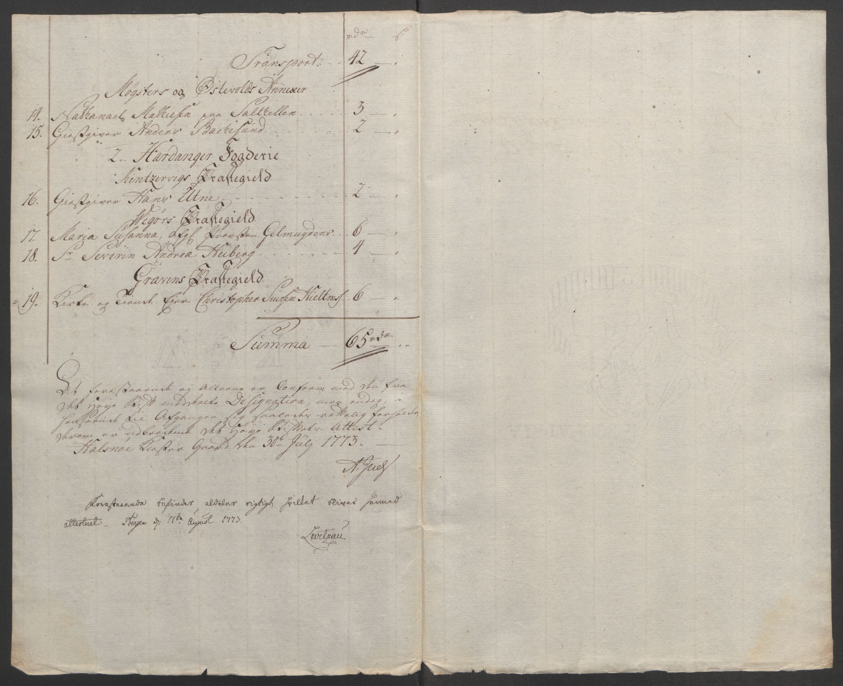 Rentekammeret inntil 1814, Reviderte regnskaper, Fogderegnskap, RA/EA-4092/R48/L3136: Ekstraskatten Sunnhordland og Hardanger, 1762-1772, s. 273