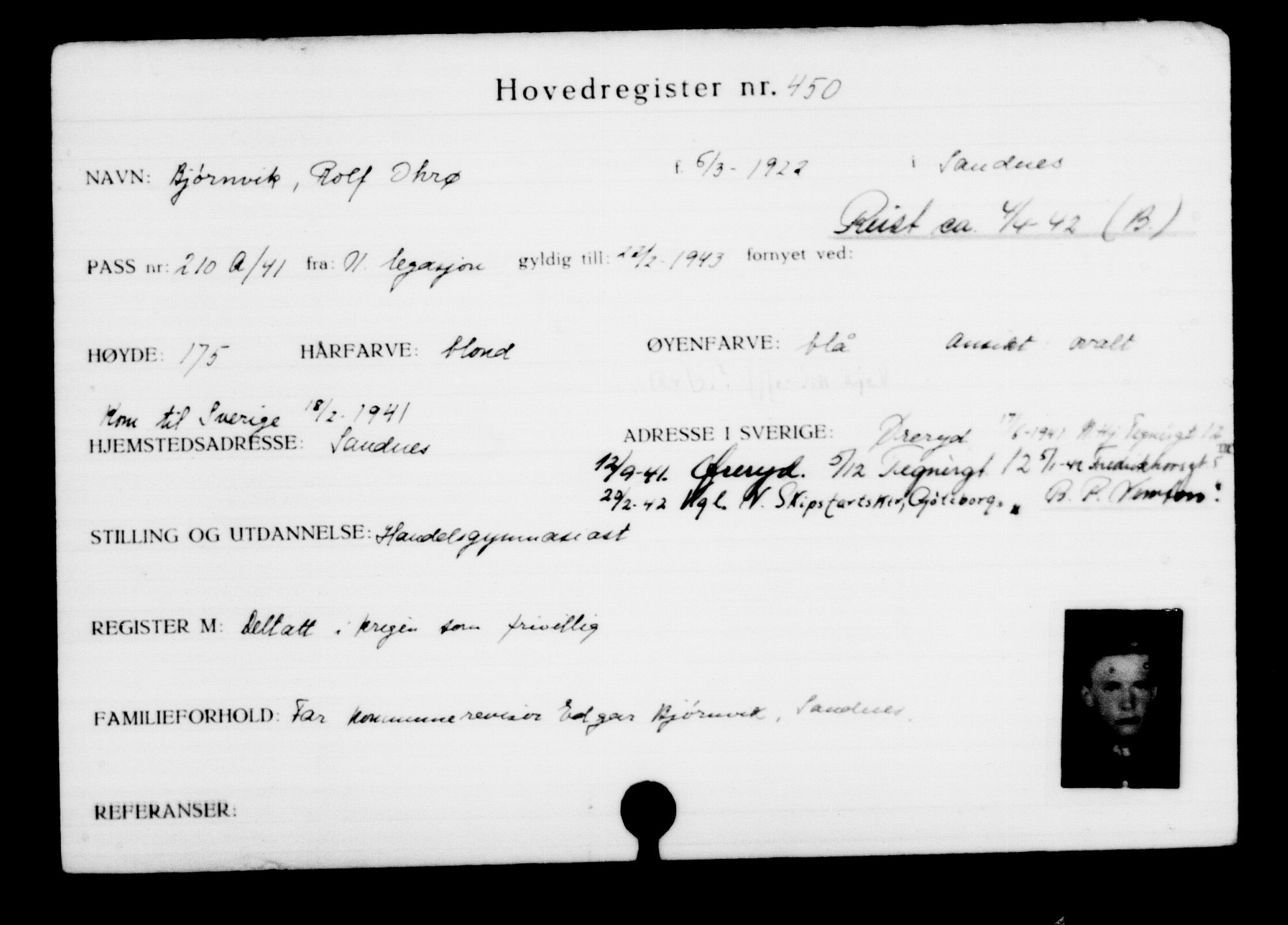 Utenriksstasjonene, Legasjonen i Stockholm, Flyktningkontoret, AV/RA-S-6753/V/Va/L0001: Kjesäterkartoteket, flyktninger med registreringsnr. 1-1000, 1940-1945, s. 699