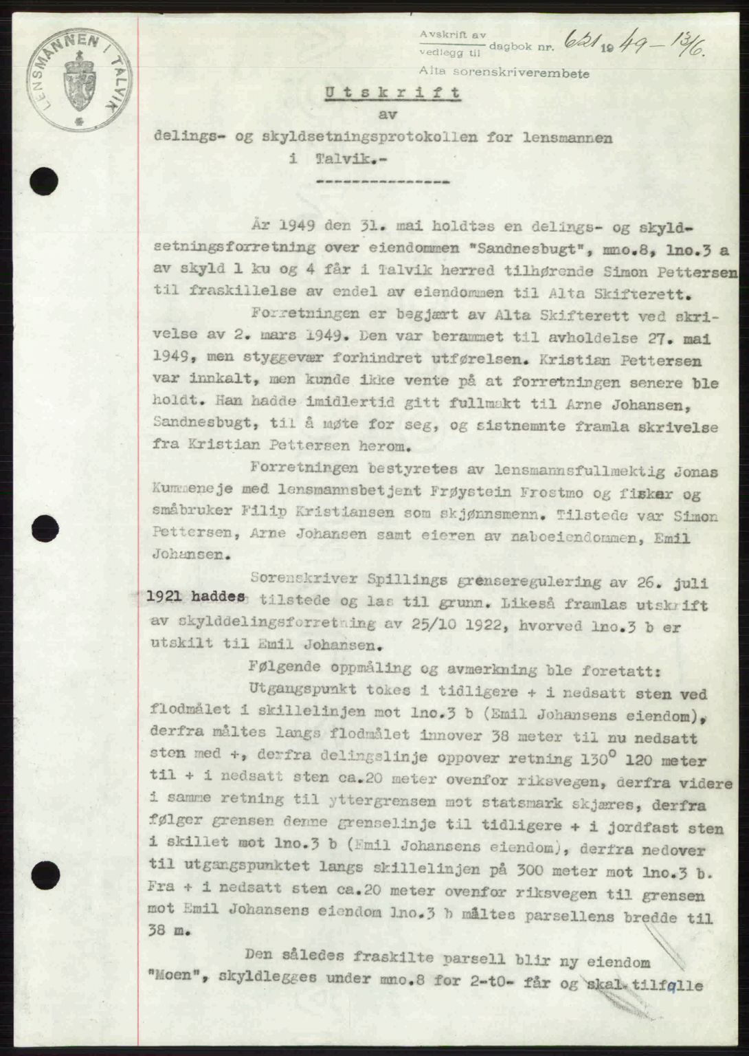 Alta fogderi/sorenskriveri, SATØ/SATØ-5/1/K/Kd/L0037pantebok: Pantebok nr. 39-40, 1948-1949, Dagboknr: 621/1949