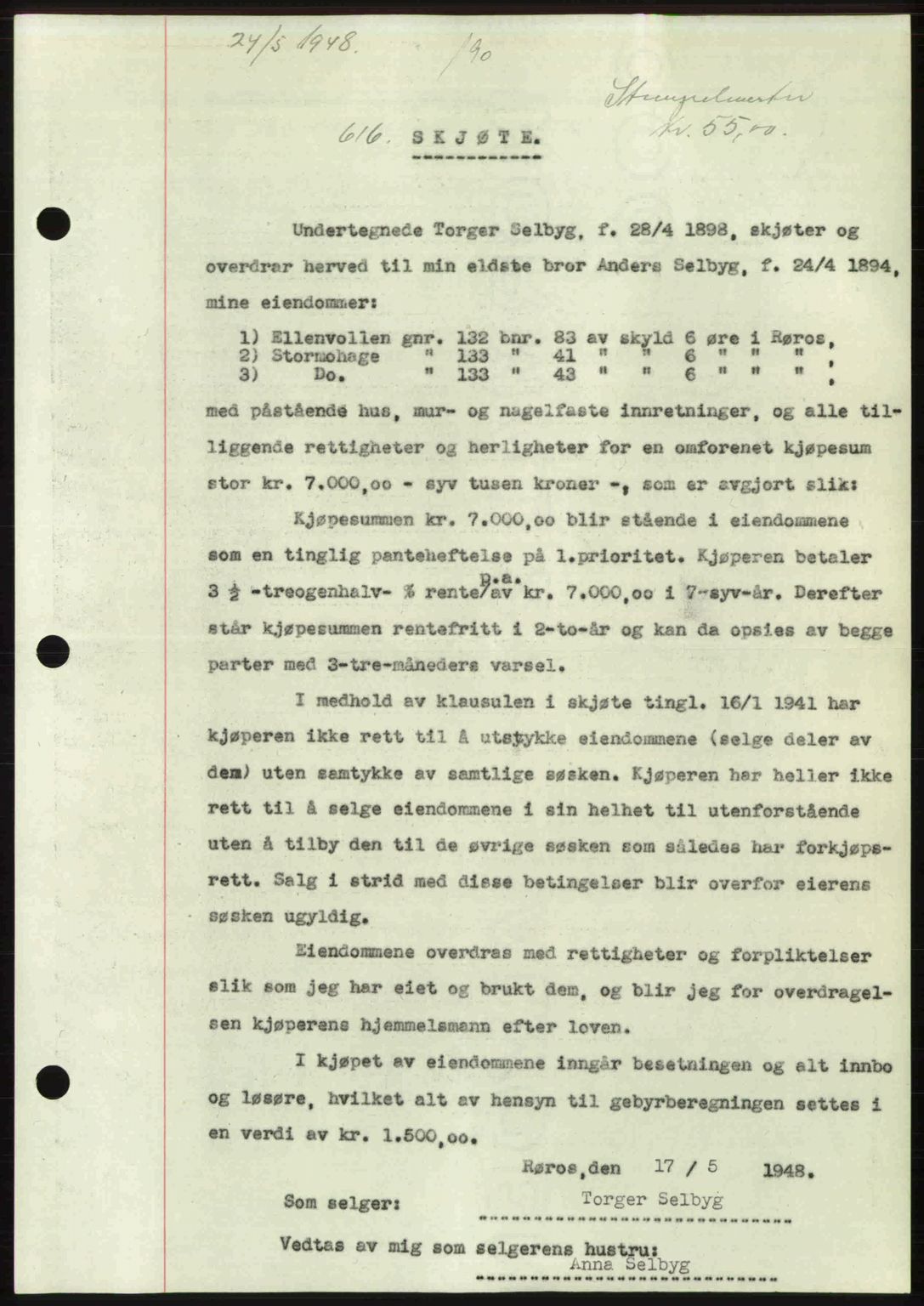 Gauldal sorenskriveri, SAT/A-0014/1/2/2C: Pantebok nr. A5, 1947-1948, Dagboknr: 616/1948