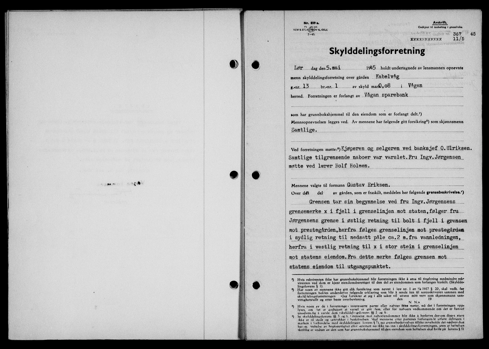 Lofoten sorenskriveri, SAT/A-0017/1/2/2C/L0013a: Pantebok nr. 13a, 1944-1946, Dagboknr: 367/1945