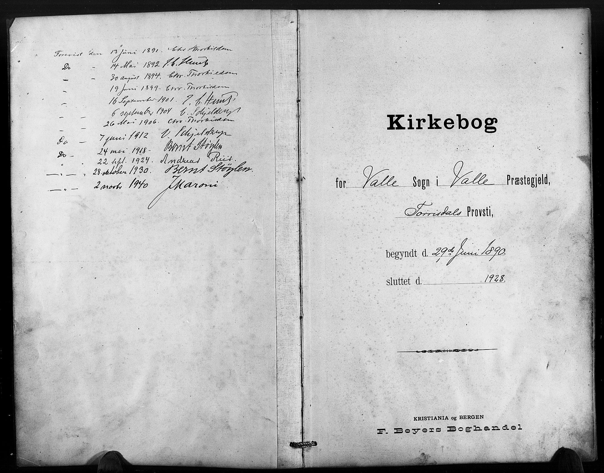 Valle sokneprestkontor, SAK/1111-0044/F/Fb/Fbc/L0004: Klokkerbok nr. B 4, 1890-1928