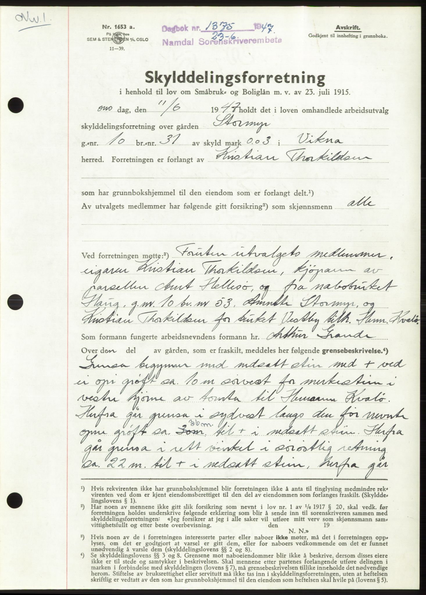 Namdal sorenskriveri, SAT/A-4133/1/2/2C: Pantebok nr. -, 1947-1947, Dagboknr: 1375/1947