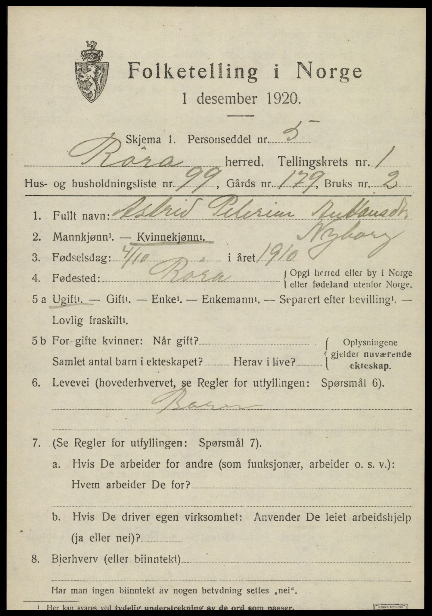 SAT, Folketelling 1920 for 1730 Røra herred, 1920, s. 1479