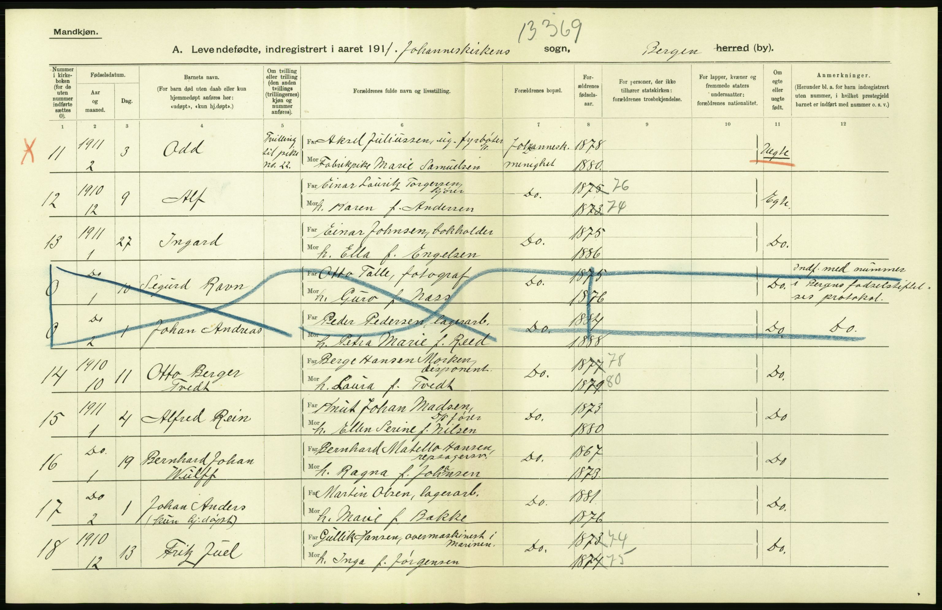 Statistisk sentralbyrå, Sosiodemografiske emner, Befolkning, AV/RA-S-2228/D/Df/Dfb/Dfba/L0031: Bergen:  Levendefødte menn og kvinner., 1911, s. 4