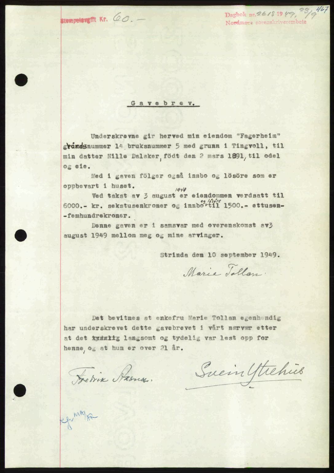 Nordmøre sorenskriveri, SAT/A-4132/1/2/2Ca: Pantebok nr. A112, 1949-1949, Dagboknr: 2618/1949