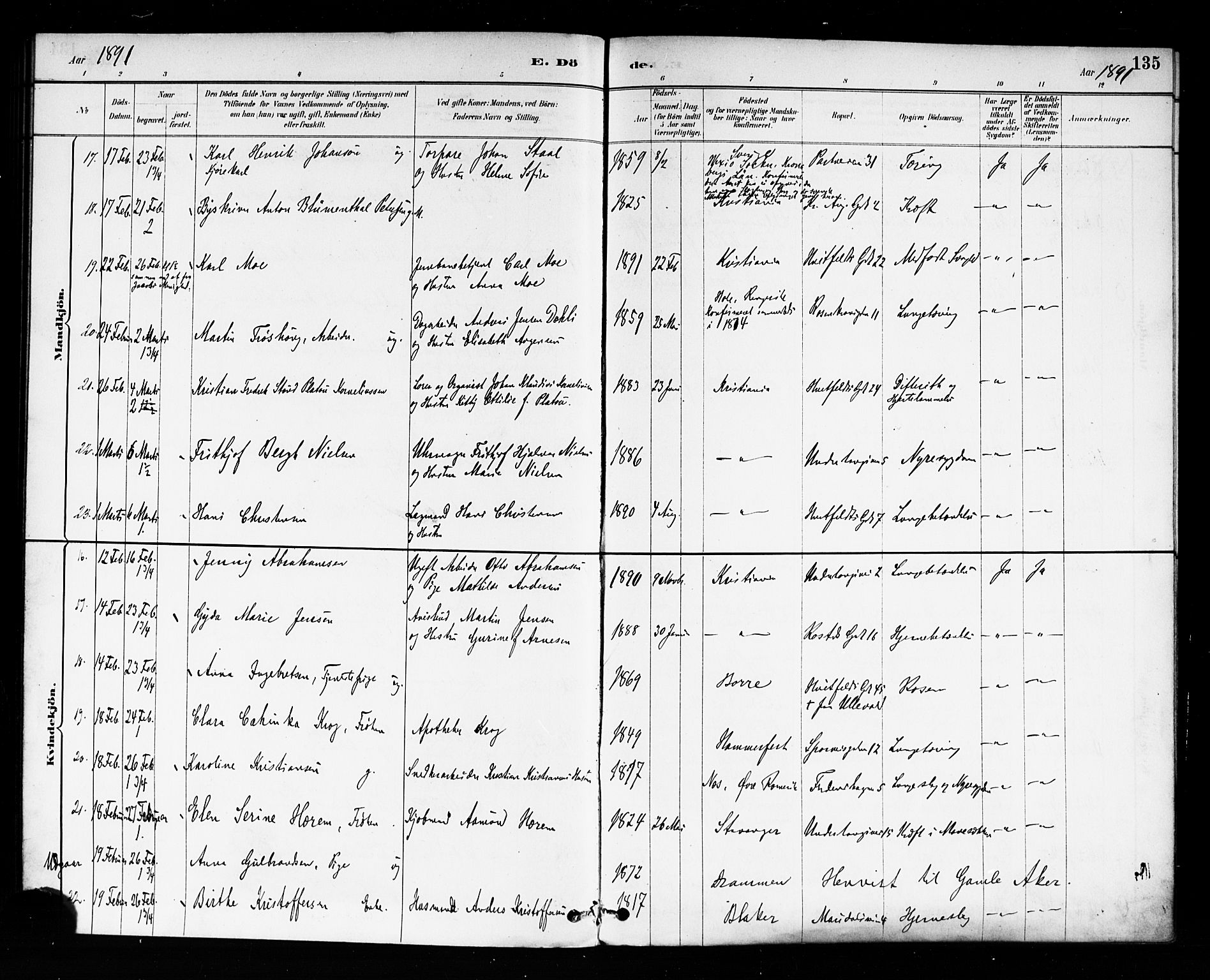 Trefoldighet prestekontor Kirkebøker, AV/SAO-A-10882/F/Fd/L0003: Ministerialbok nr. IV 3, 1885-1896, s. 135