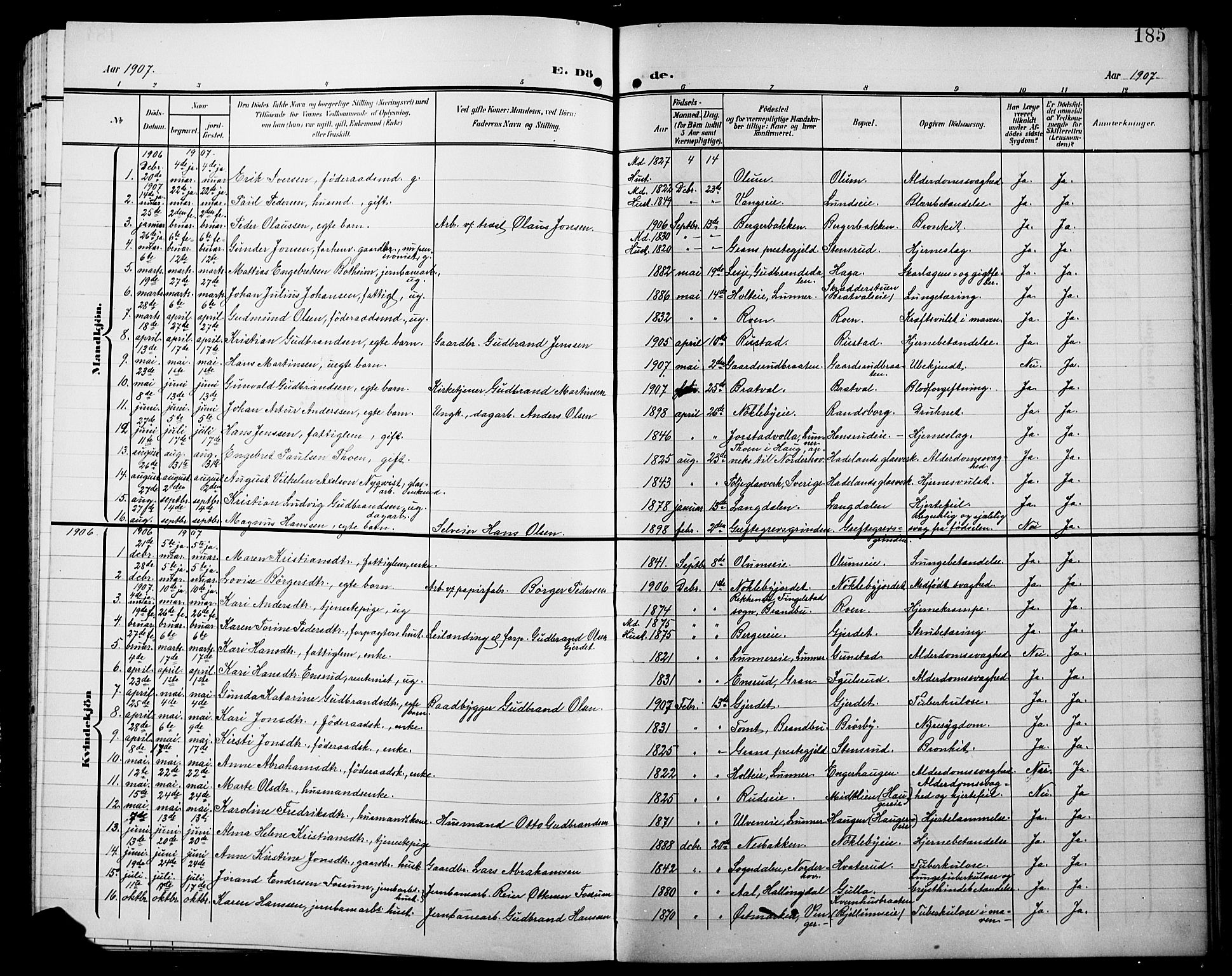 Jevnaker prestekontor, AV/SAH-PREST-116/H/Ha/Hab/L0004: Klokkerbok nr. 4, 1907-1918, s. 185