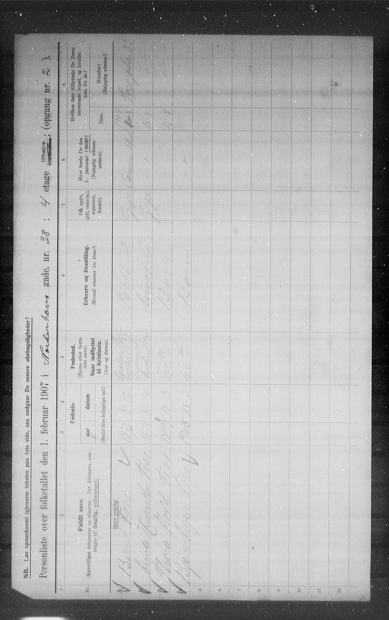 OBA, Kommunal folketelling 1.2.1907 for Kristiania kjøpstad, 1907, s. 37423