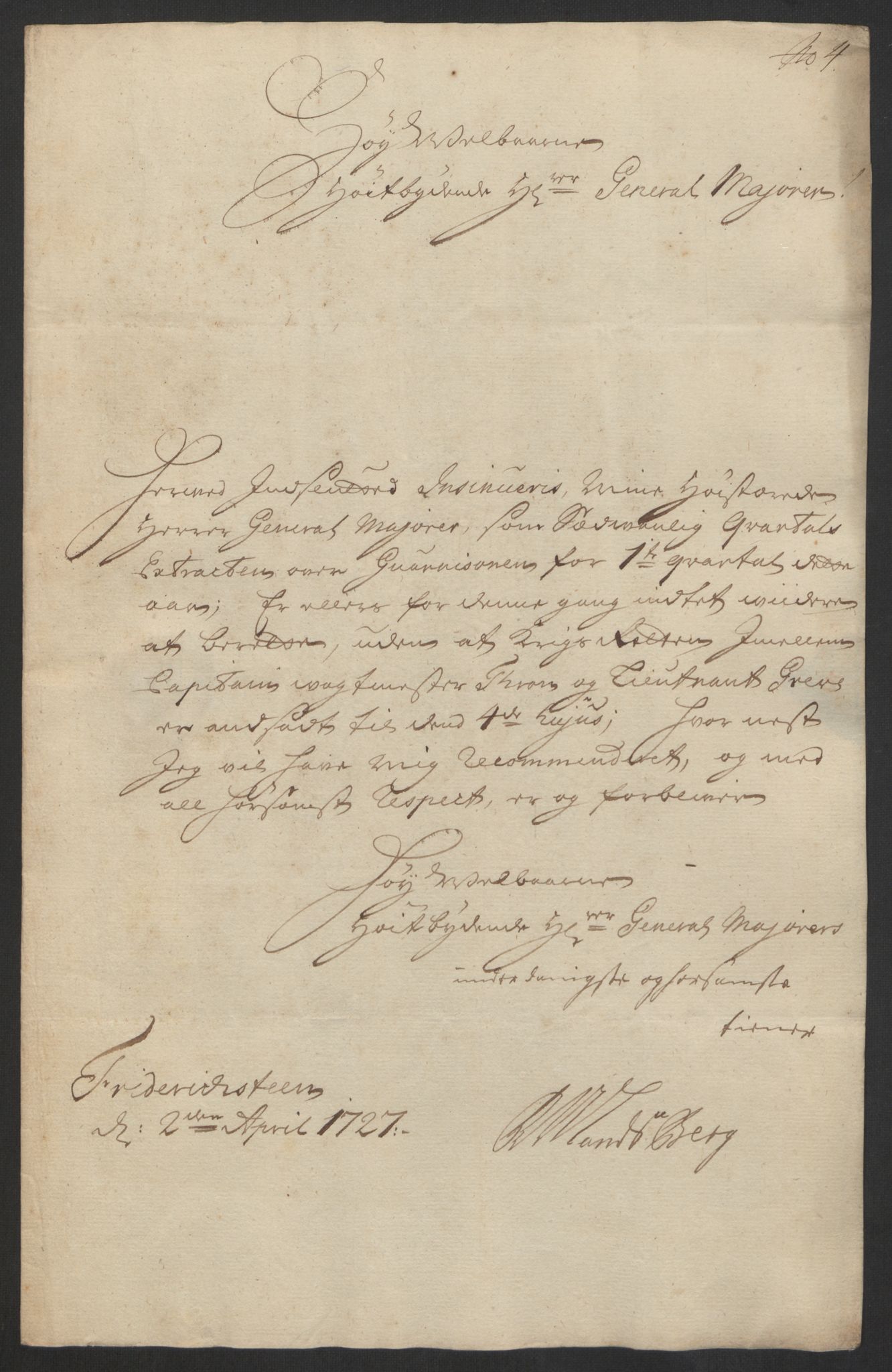 Kommanderende general (KG I) med Det norske krigsdirektorium, RA/EA-5419/D/L0153: Fredriksten festning: Brev, inventarfortegnelser og regnskapsekstrakter, 1724-1729, s. 421