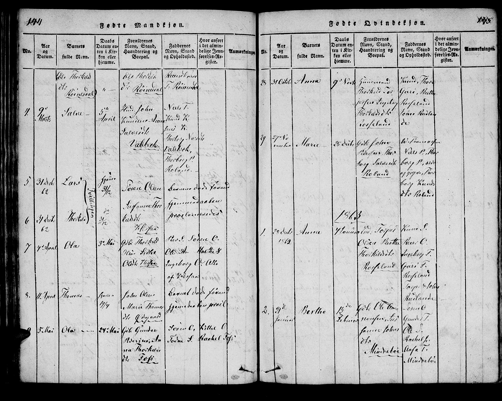 Bjelland sokneprestkontor, SAK/1111-0005/F/Fa/Faa/L0002: Ministerialbok nr. A 2, 1816-1866, s. 144-145
