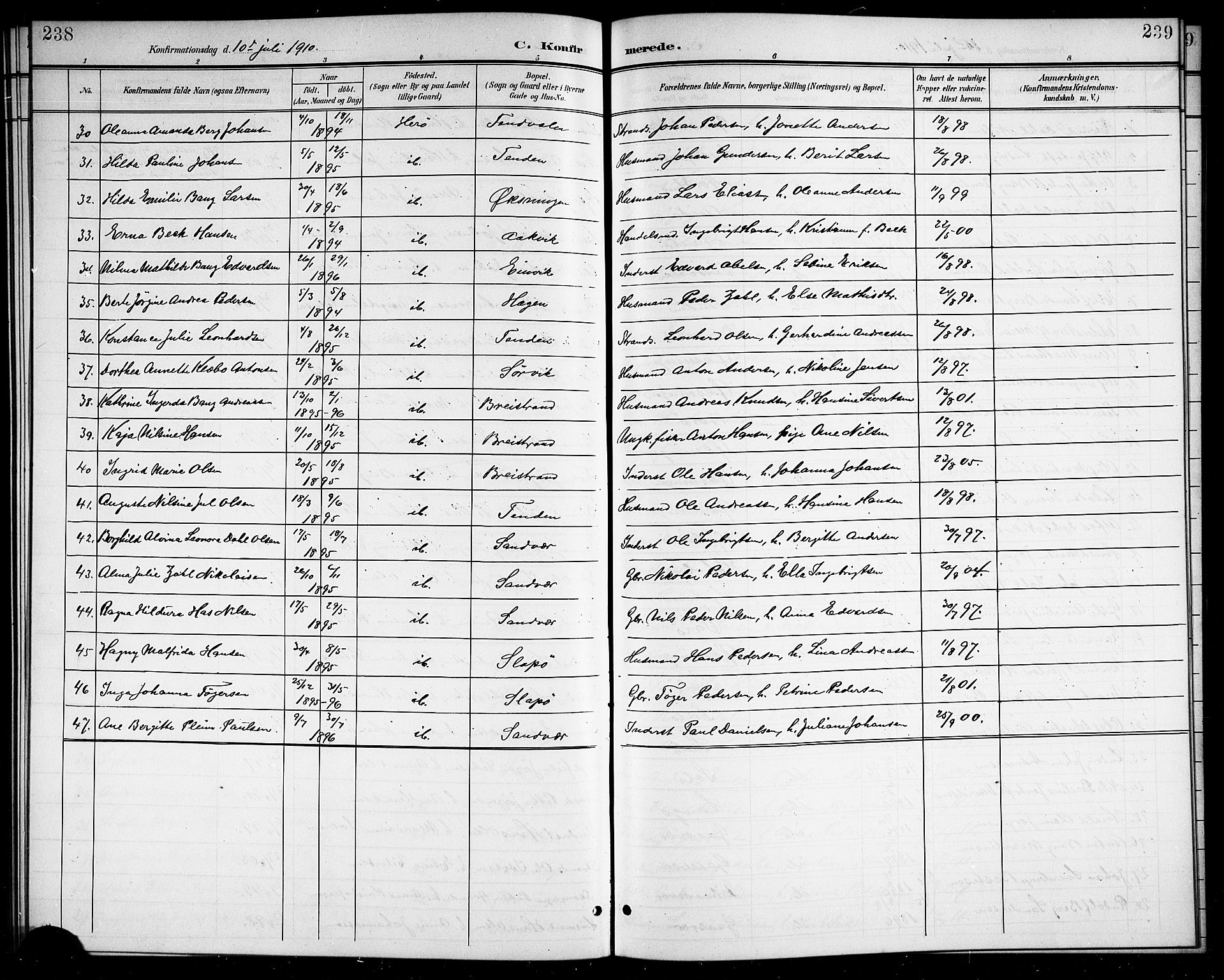 Ministerialprotokoller, klokkerbøker og fødselsregistre - Nordland, AV/SAT-A-1459/834/L0516: Klokkerbok nr. 834C06, 1902-1918, s. 238-239