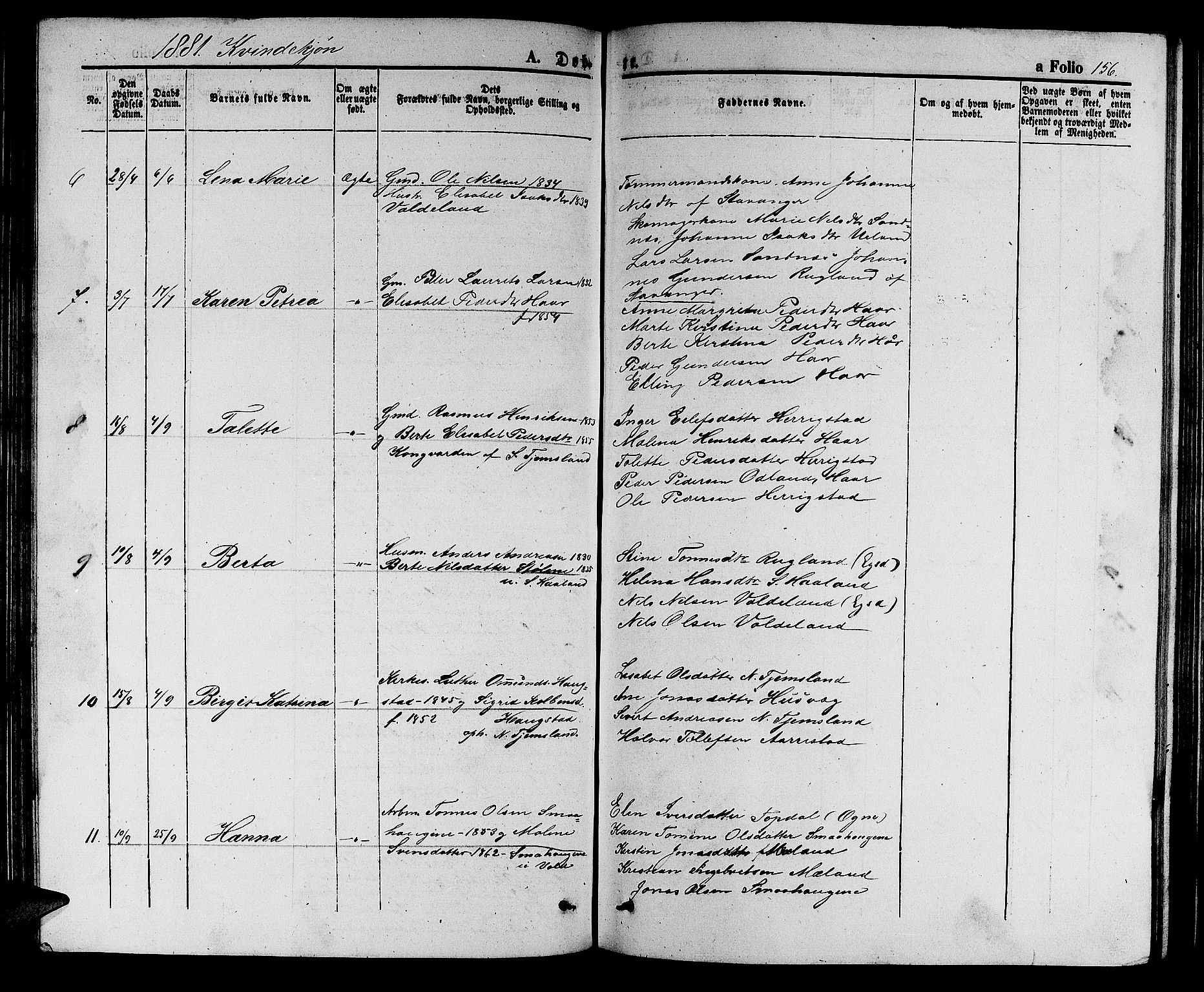 Hå sokneprestkontor, AV/SAST-A-101801/001/30BB/L0002: Klokkerbok nr. B 2, 1854-1883, s. 156