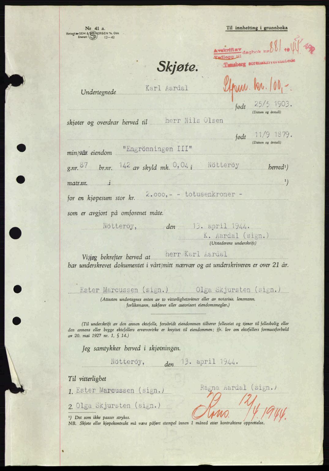 Tønsberg sorenskriveri, AV/SAKO-A-130/G/Ga/Gaa/L0015: Pantebok nr. A15, 1944-1944, Dagboknr: 881/1944