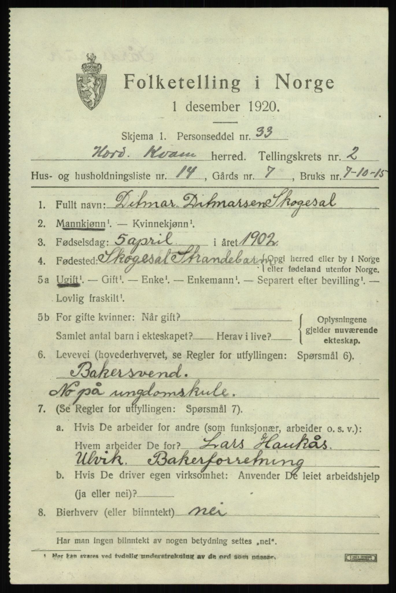 SAB, Folketelling 1920 for 1238 Kvam herred, 1920, s. 2035