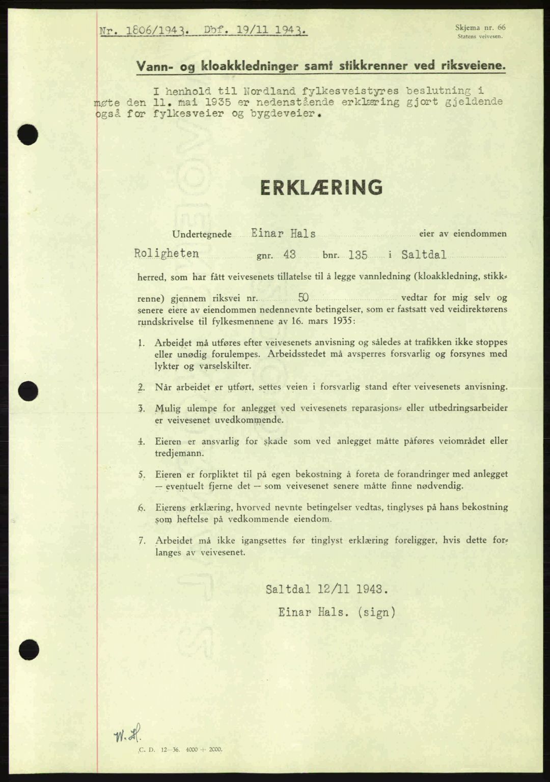 Salten sorenskriveri, SAT/A-4578/1/2/2C: Pantebok nr. A14-15, 1943-1945, Dagboknr: 1806/1943