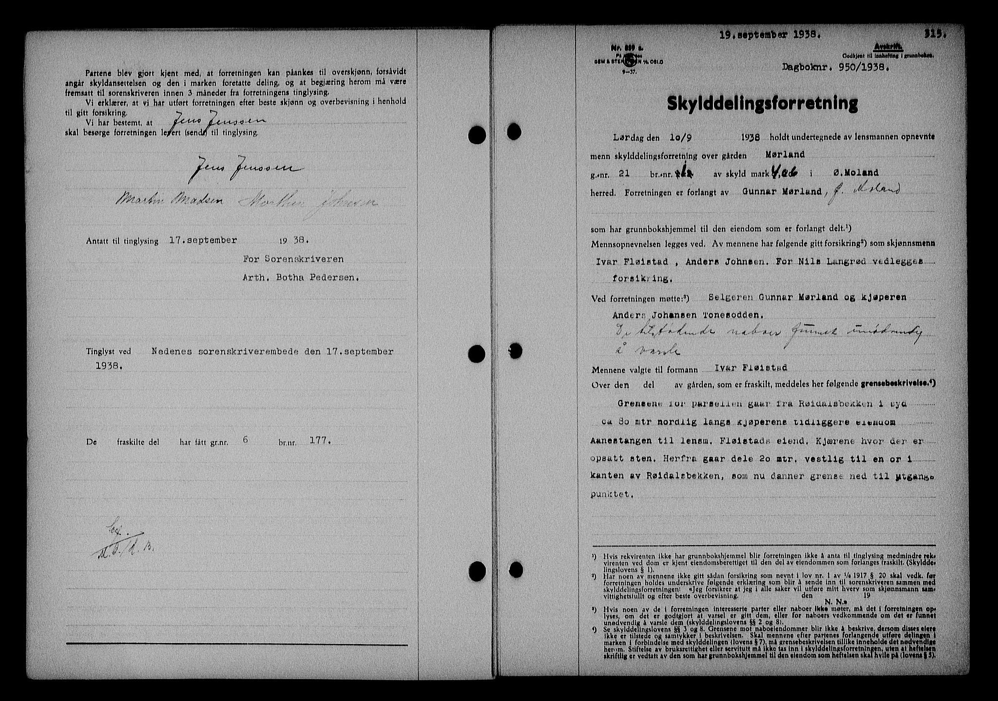 Nedenes sorenskriveri, SAK/1221-0006/G/Gb/Gba/L0045: Pantebok nr. 41, 1938-1938, Dagboknr: 950/1938
