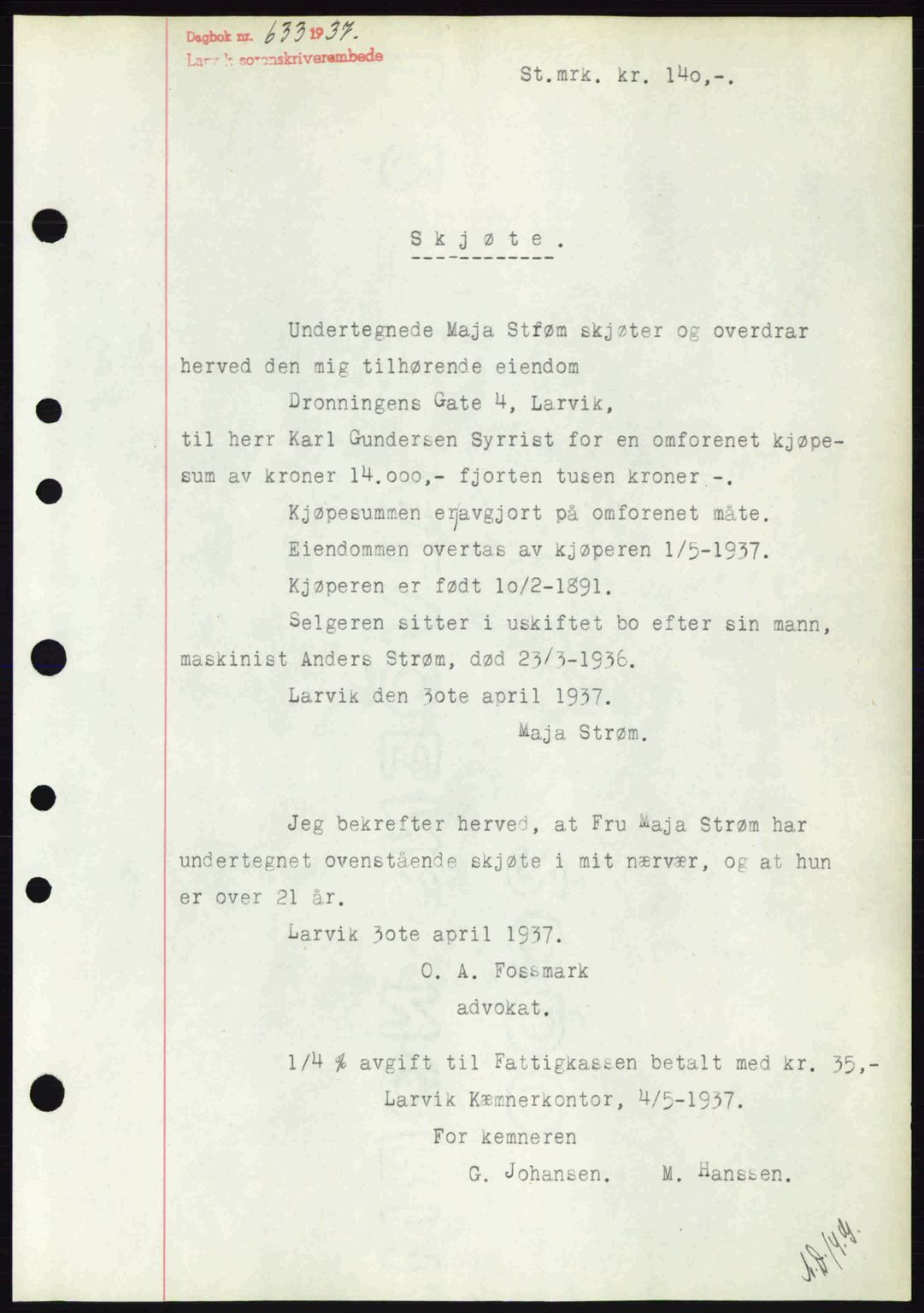 Larvik sorenskriveri, SAKO/A-83/G/Ga/Gab/L0067: Pantebok nr. A-1, 1936-1937, Dagboknr: 633/1937
