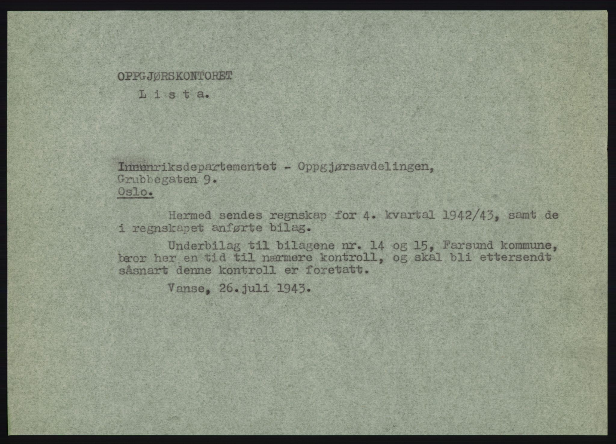 Forsvarsdepartementet, 10. kontor / Oppgjørskontoret, AV/RA-RAFA-1225/D/Db/L0180: Lista oppgjørskontor, 1942-1952, s. 300