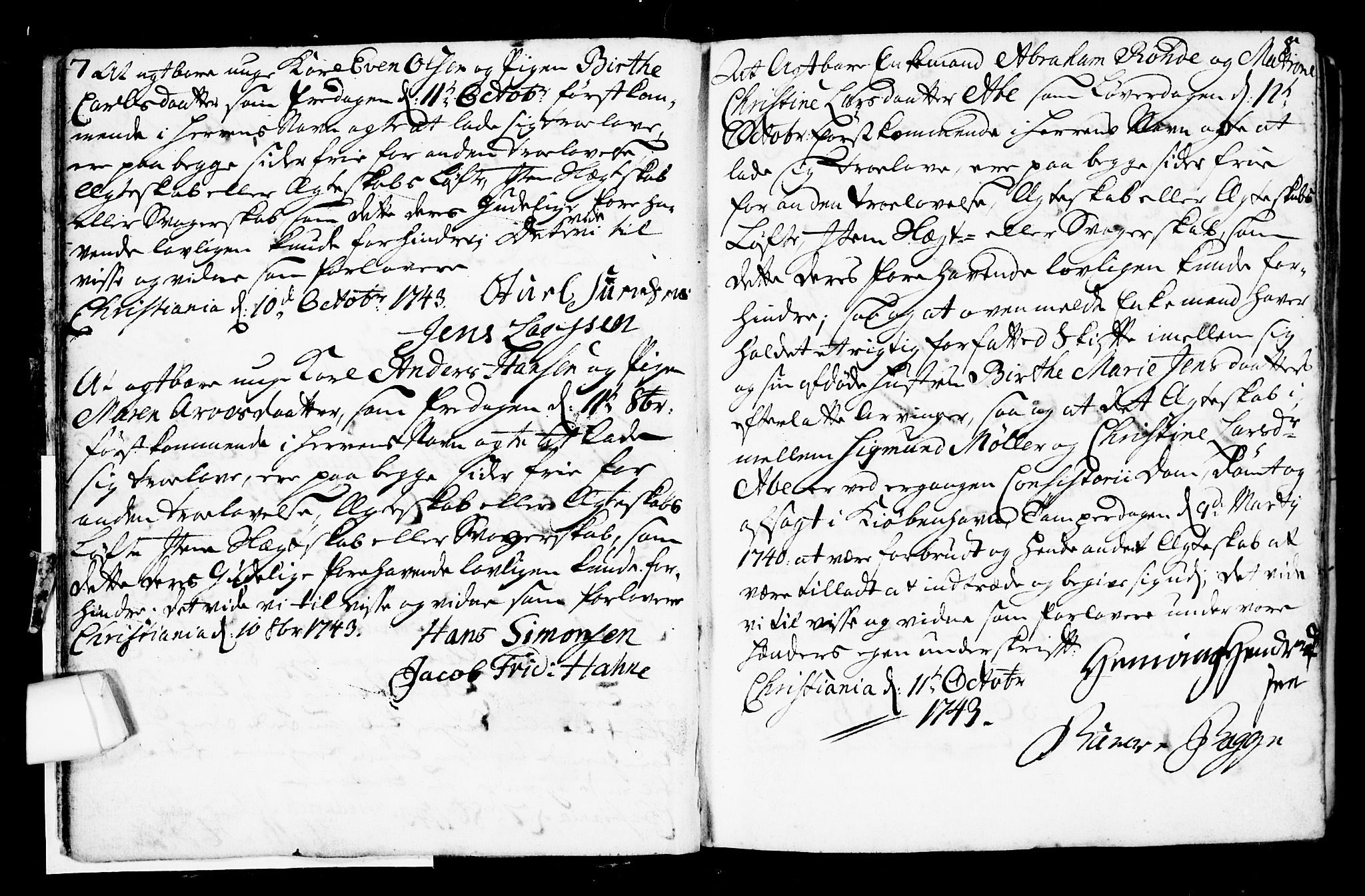 Oslo domkirke Kirkebøker, SAO/A-10752/L/La/L0007: Forlovererklæringer nr. 7, 1743-1761, s. 7-8