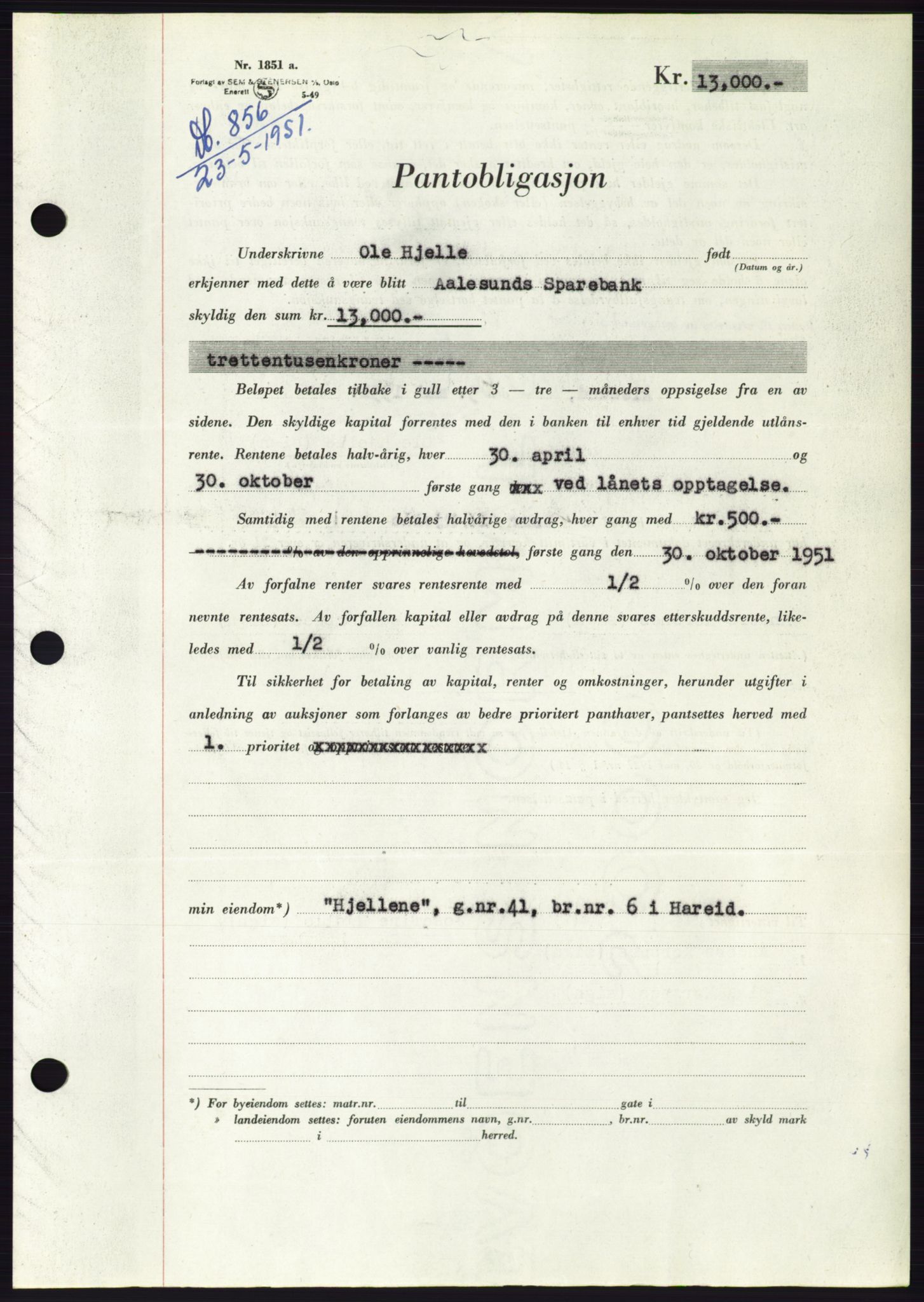Søre Sunnmøre sorenskriveri, SAT/A-4122/1/2/2C/L0120: Pantebok nr. 8B, 1951-1951, Dagboknr: 856/1951