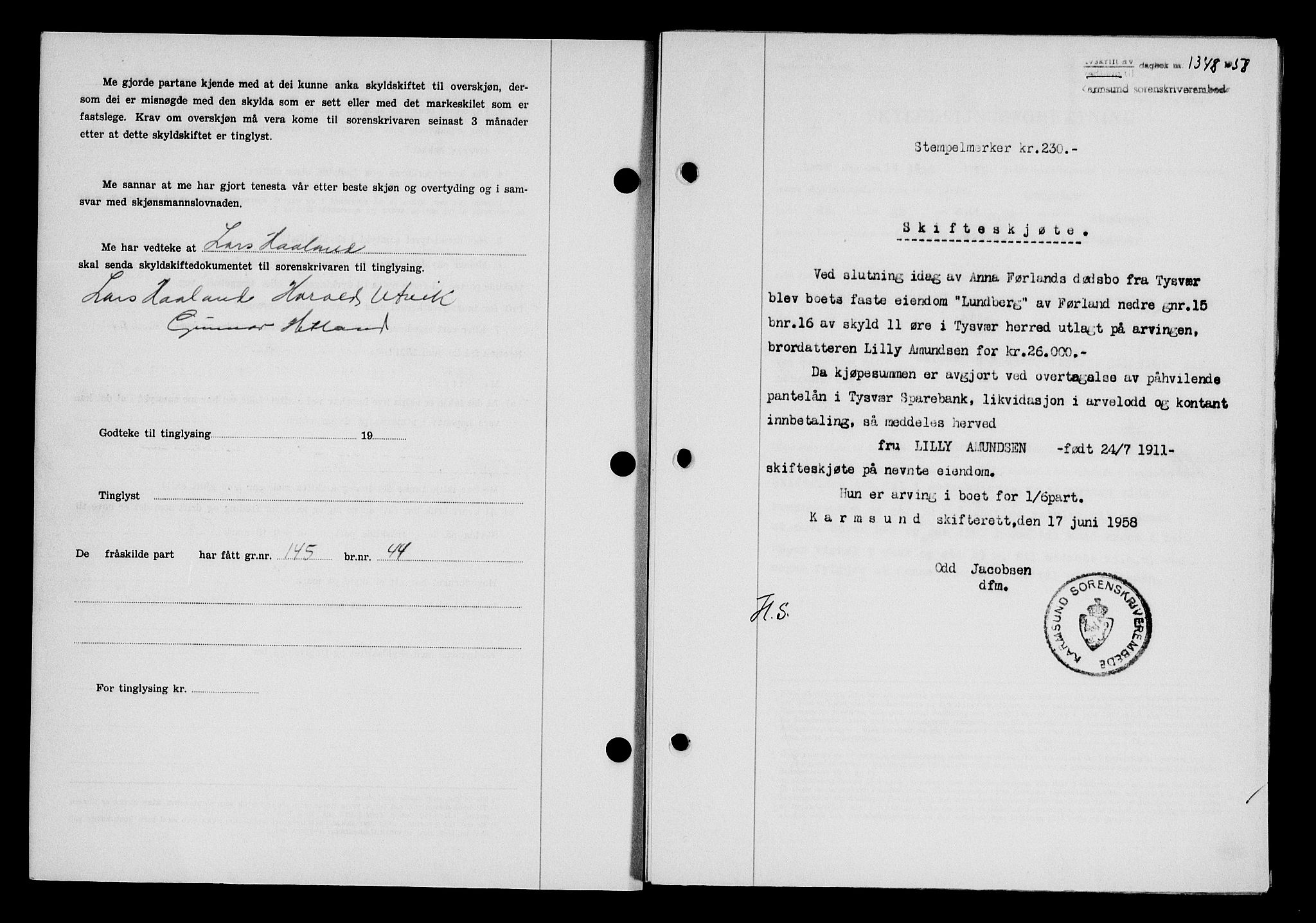 Karmsund sorenskriveri, SAST/A-100311/01/II/IIB/L0128: Pantebok nr. 108A, 1958-1958, Dagboknr: 1348/1958