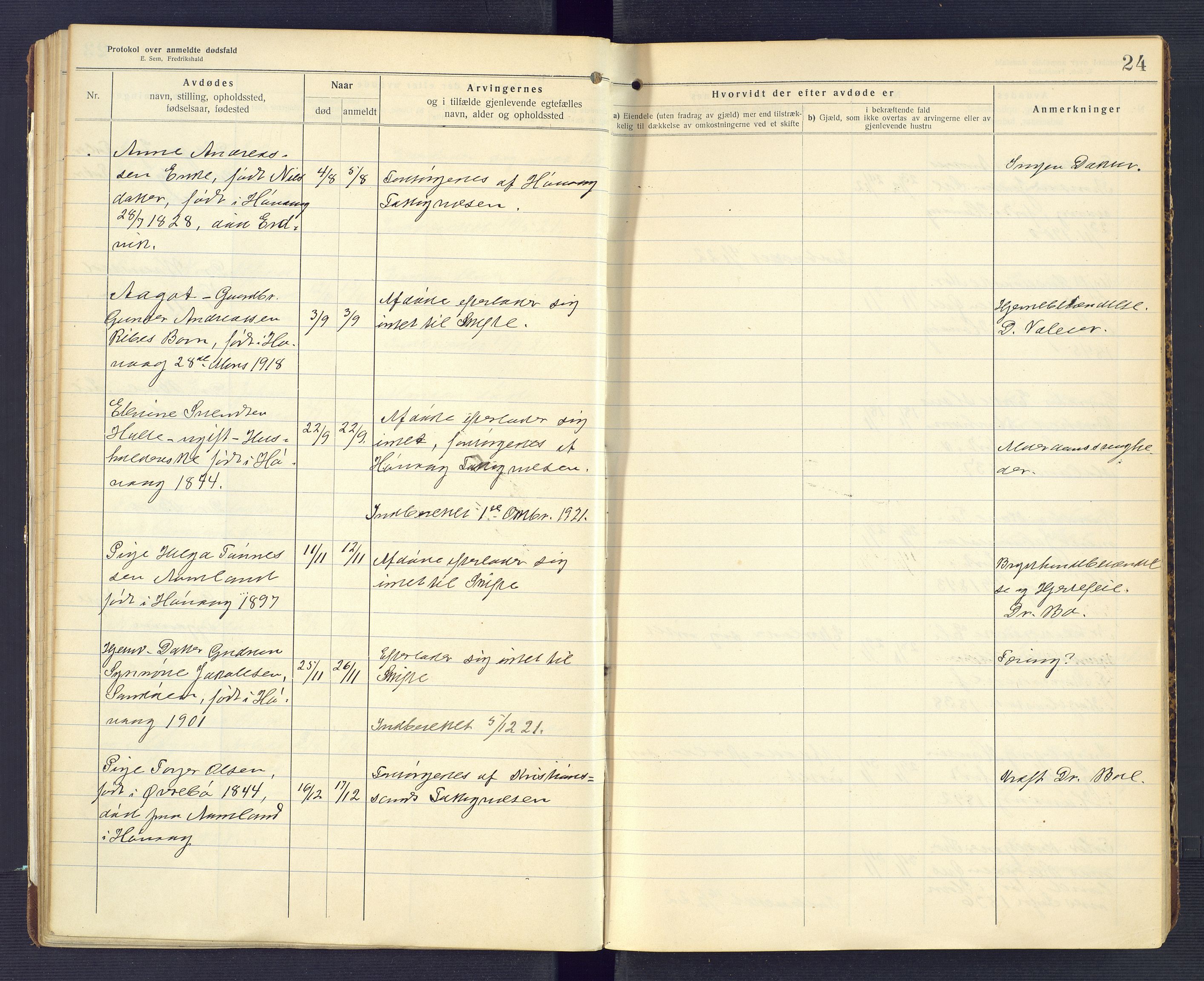 Høvåg lensmannskontor, SAK/1241-0024/F/Fe/L0041: Protokoll over anmeldte dødsfall, 1916-1933, s. 24