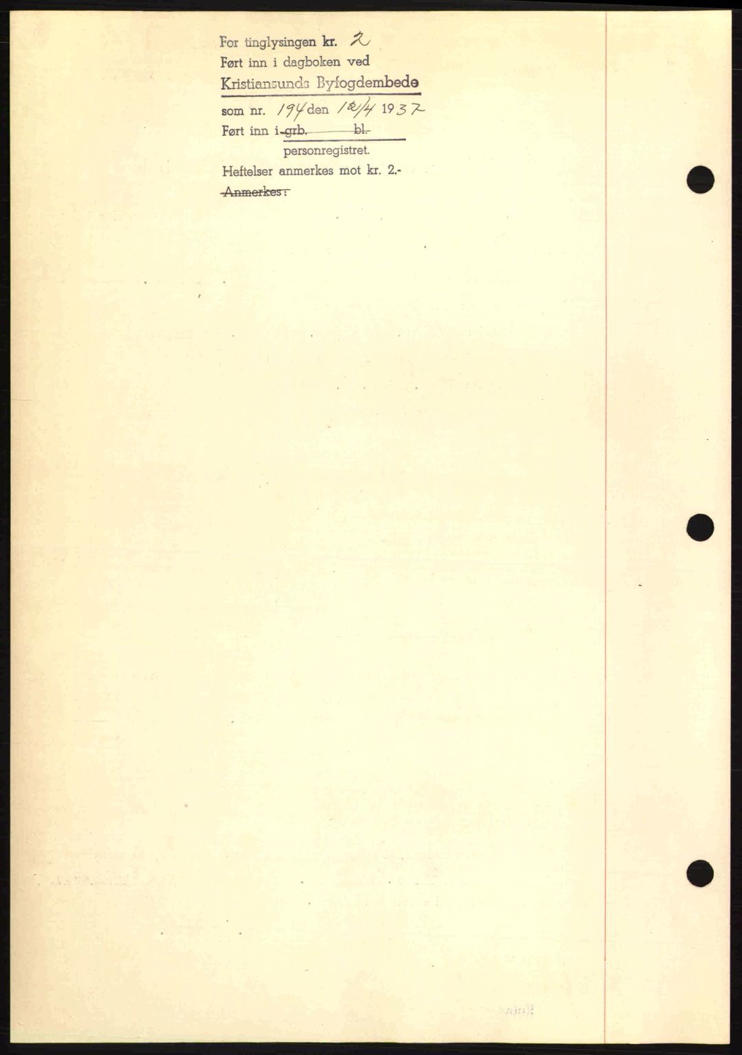 Kristiansund byfogd, AV/SAT-A-4587/A/27: Pantebok nr. 29, 1936-1937, Dagboknr: 194/1937