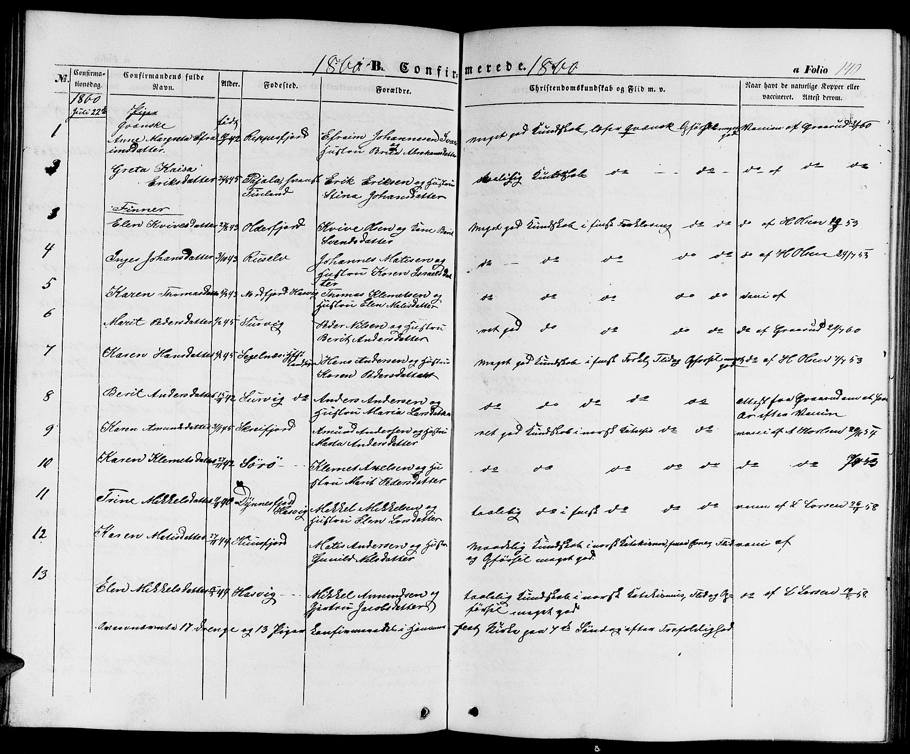 Hammerfest sokneprestkontor, AV/SATØ-S-1347/H/Hb/L0002.klokk: Klokkerbok nr. 2, 1851-1861, s. 140