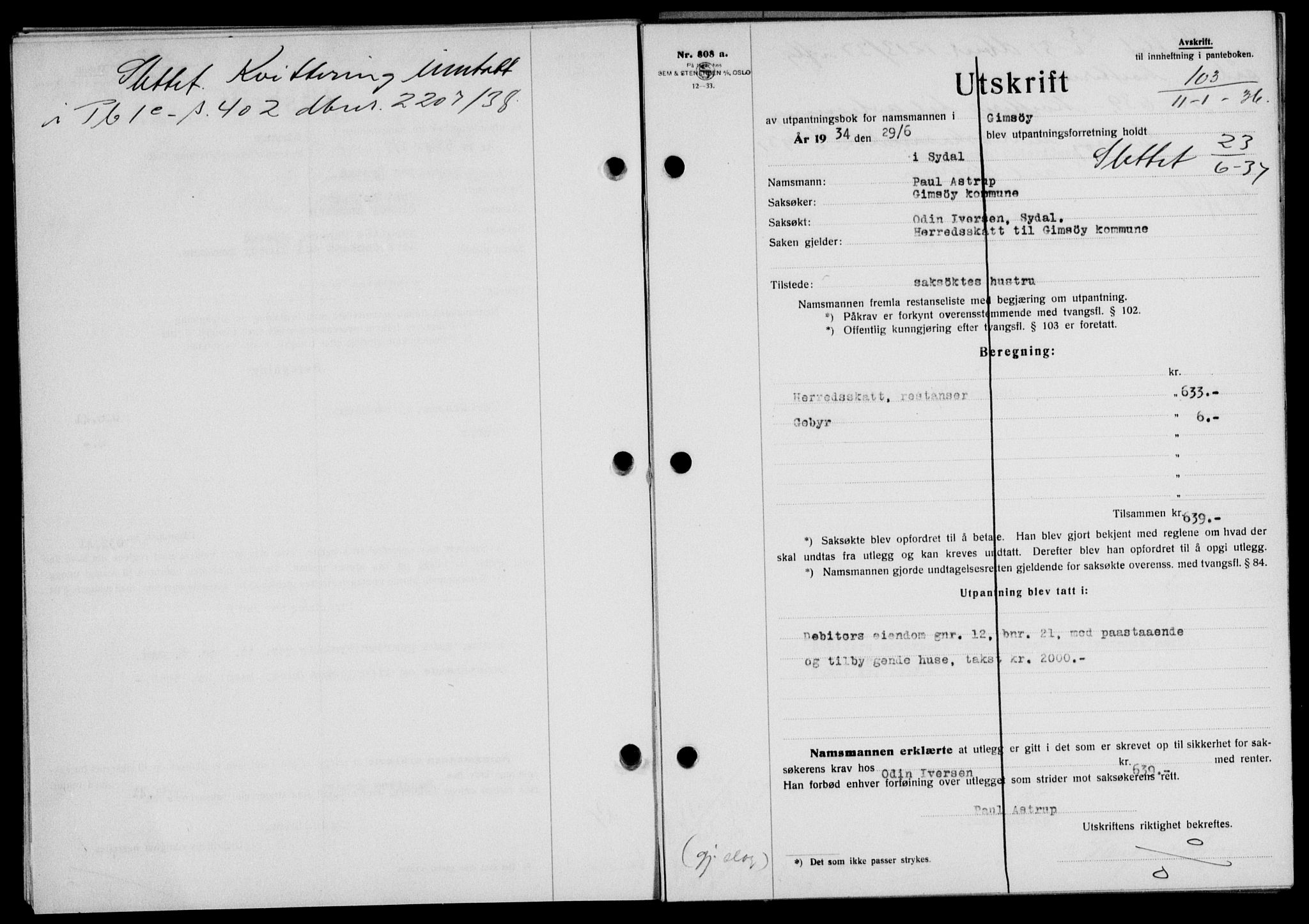Lofoten sorenskriveri, SAT/A-0017/1/2/2C/L0033b: Pantebok nr. 33b, 1936-1936, Dagboknr: 103/1936